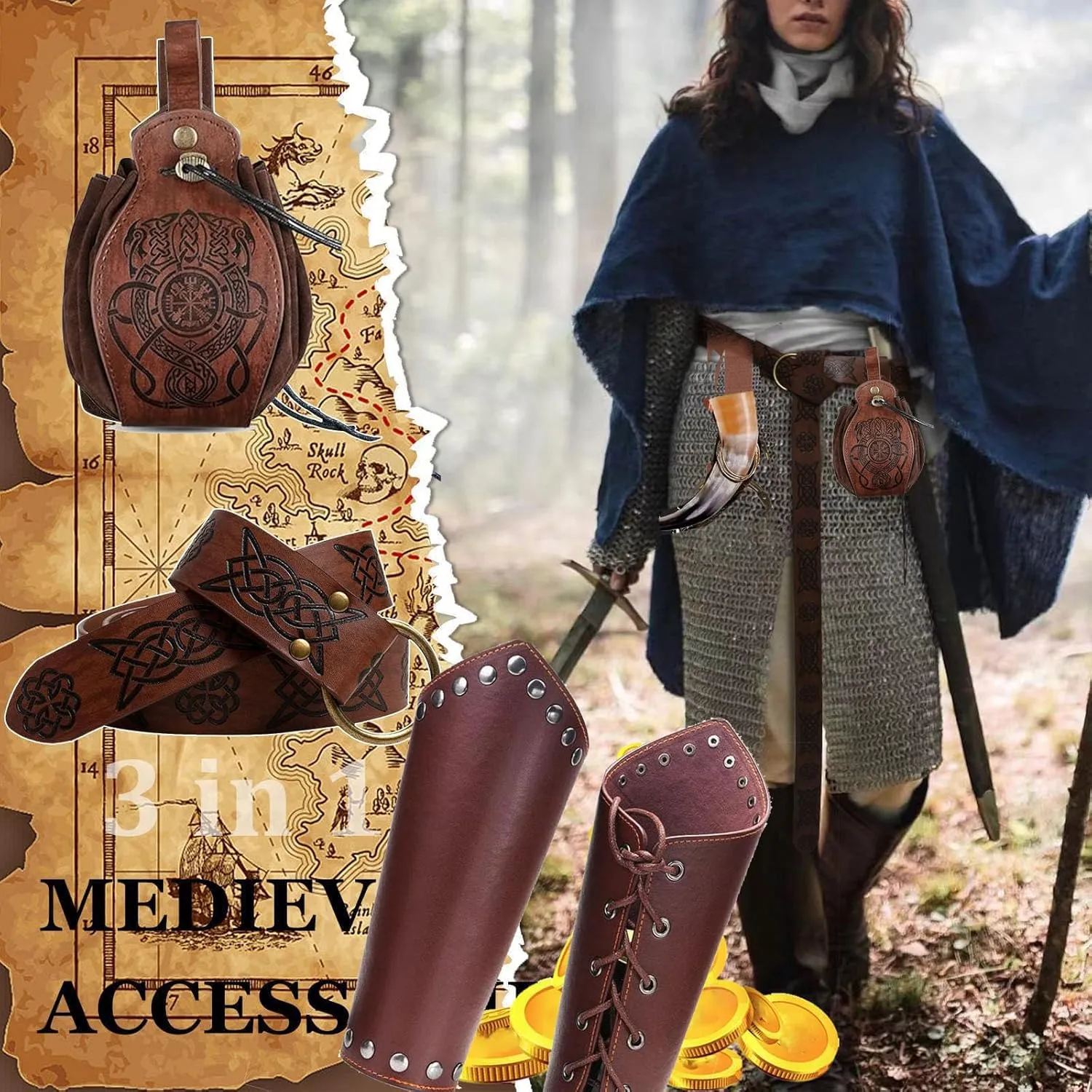 SUMGOGO 4 Pcs Halloween Renaissance Belt Pouch Witch Bottle Skirt Hikes Medieval Viking Pirate Leather Belt Costume Set