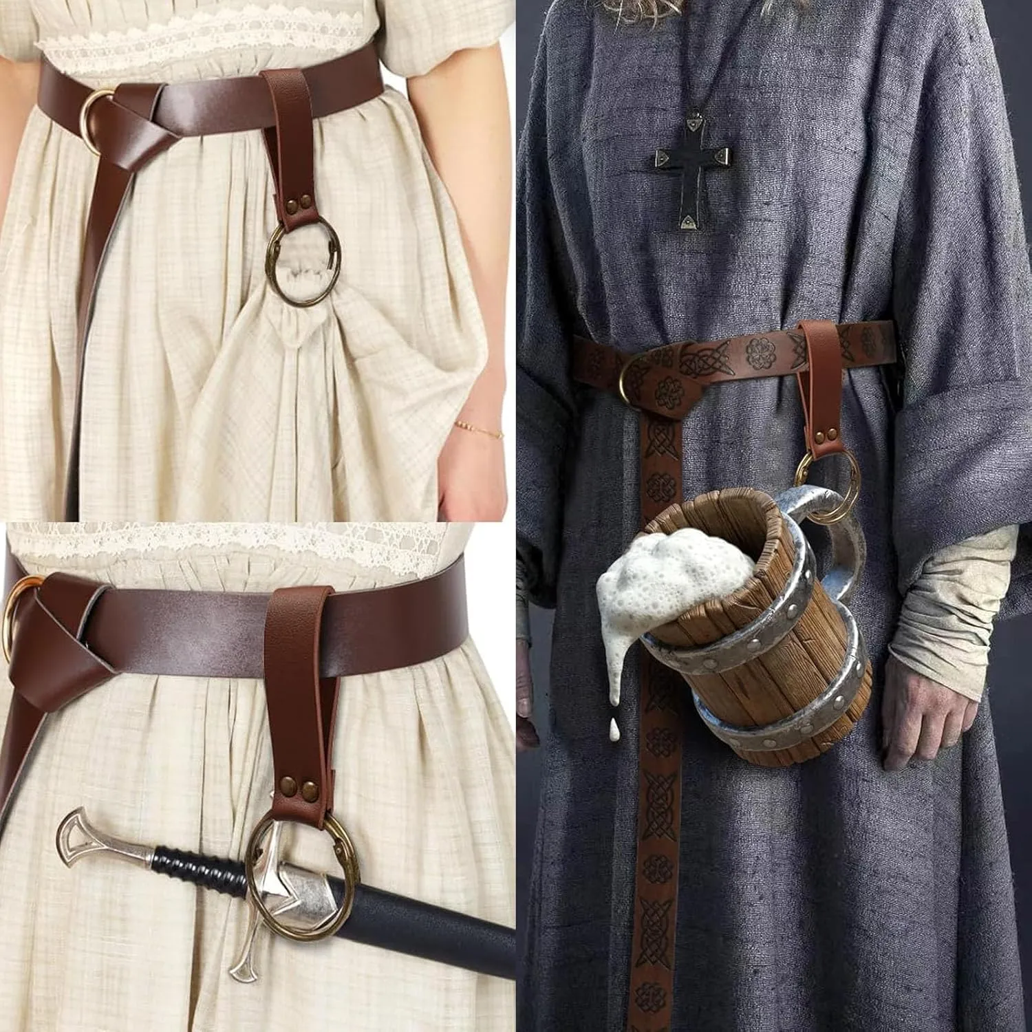 SUMGOGO 4 Pcs Halloween Renaissance Belt Pouch Witch Bottle Skirt Hikes Medieval Viking Pirate Leather Belt Costume Set
