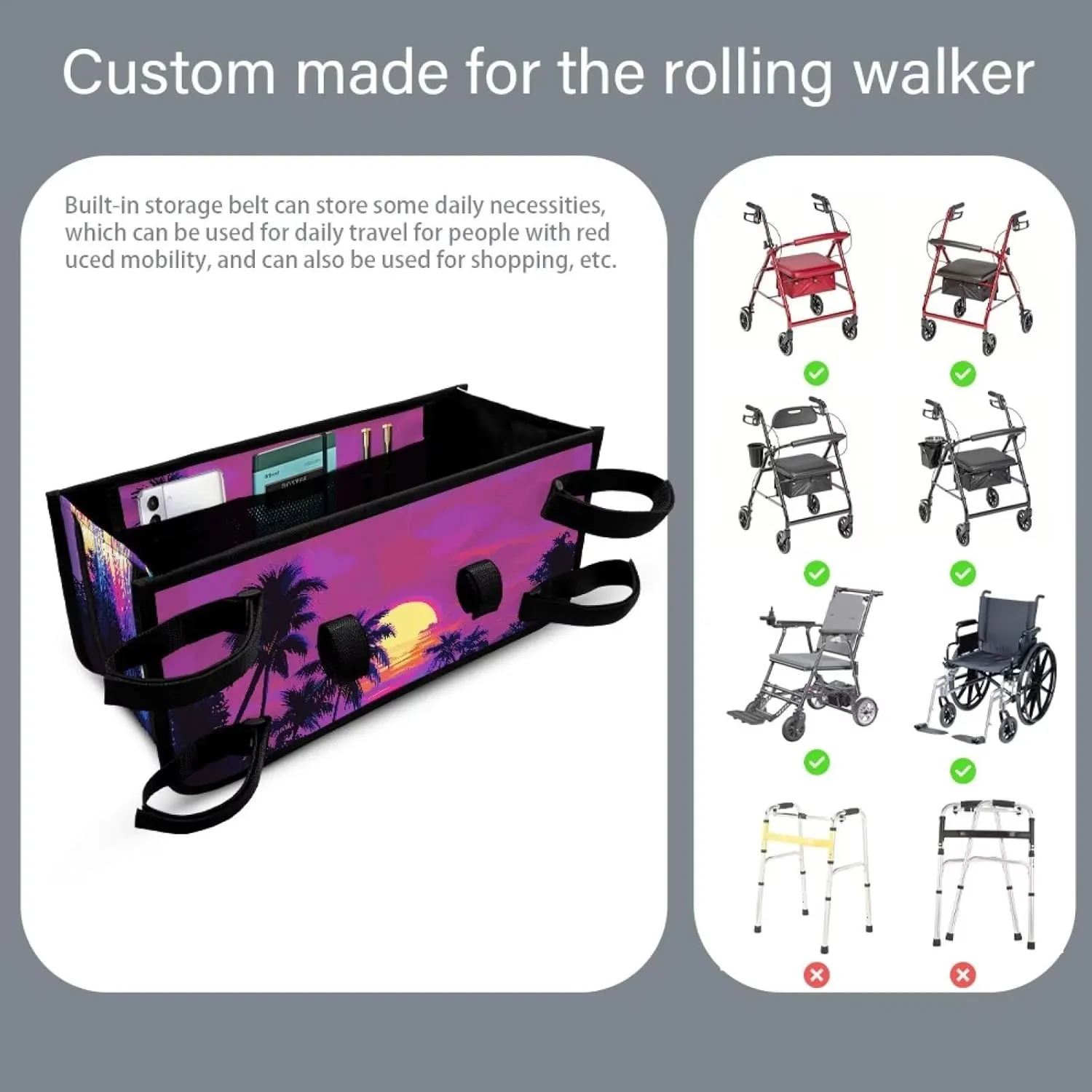 Sunset Palm Tree Hand-Free Carry Storage Bag for Universal Walkers Folding Walker Accessories Bag Mobility Aid Accessory Pouch for Elderly Senior
