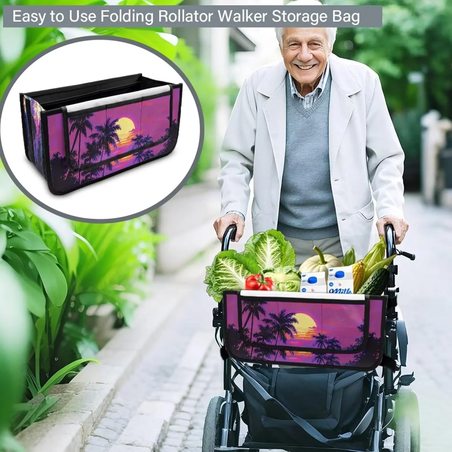 Sunset Palm Tree Hand-Free Carry Storage Bag for Universal Walkers Folding Walker Accessories Bag Mobility Aid Accessory Pouch for Elderly Senior