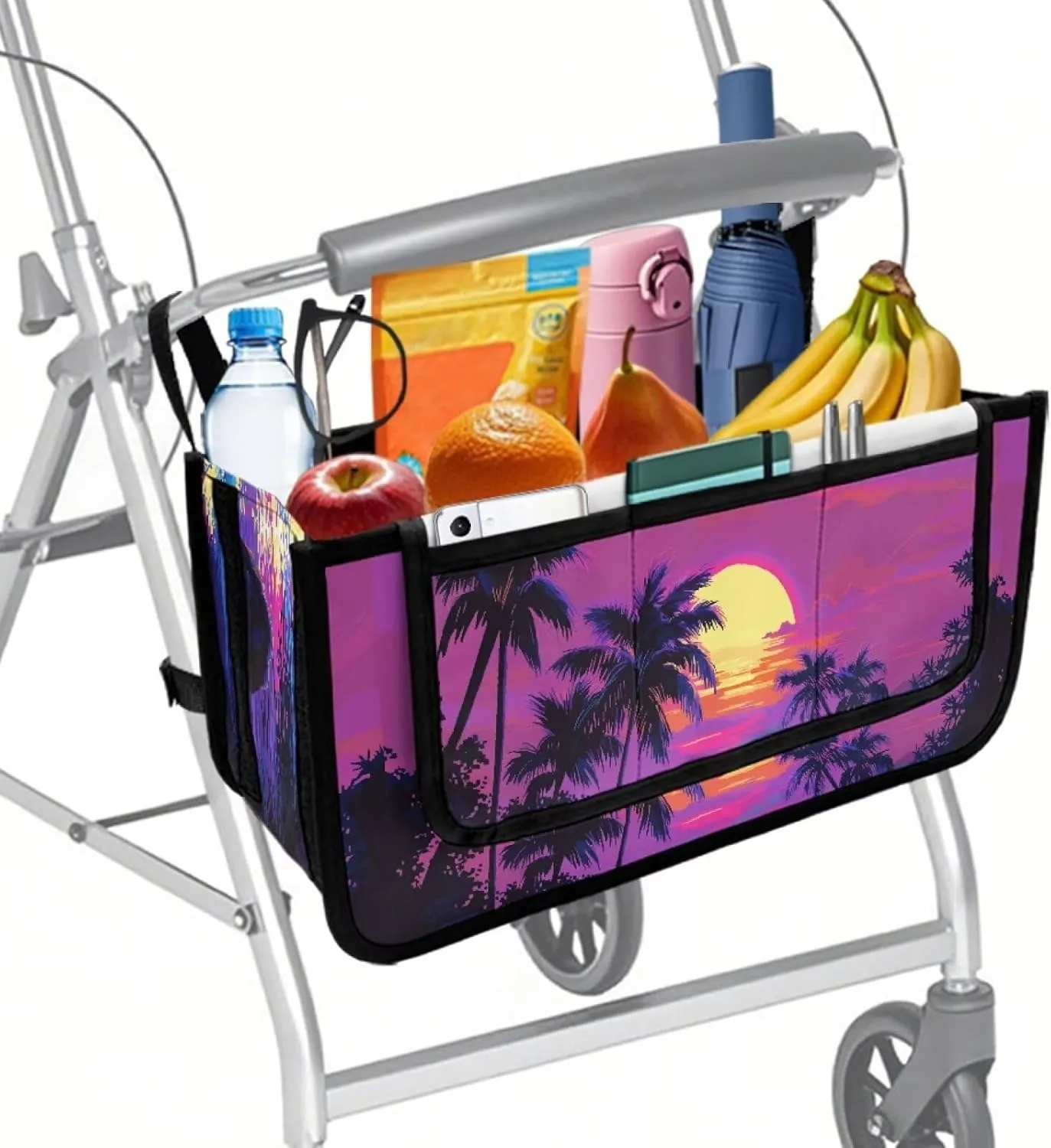 Sunset Palm Tree Hand-Free Carry Storage Bag for Universal Walkers Folding Walker Accessories Bag Mobility Aid Accessory Pouch for Elderly Senior