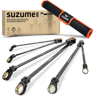 SUZUME Extra Long Flex Head Ratcheting Wrench Set 6PCS (8-19mm) Double Box End Metric EVA Foam 180° Flexible Head 15K Gear Cycles Tested Black Chrome Finish CR-V Steel for Tight Engine Bays with Pouch