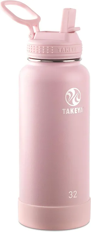 Takeya Actives Water Bottle with Straw Lid - Durable & Easy-Care Water Bottle with Stainless Steel Insulation - BPA-Free Lid with Carry Handle & Straw - Dishwasher-Safe - 32 oz, Blush