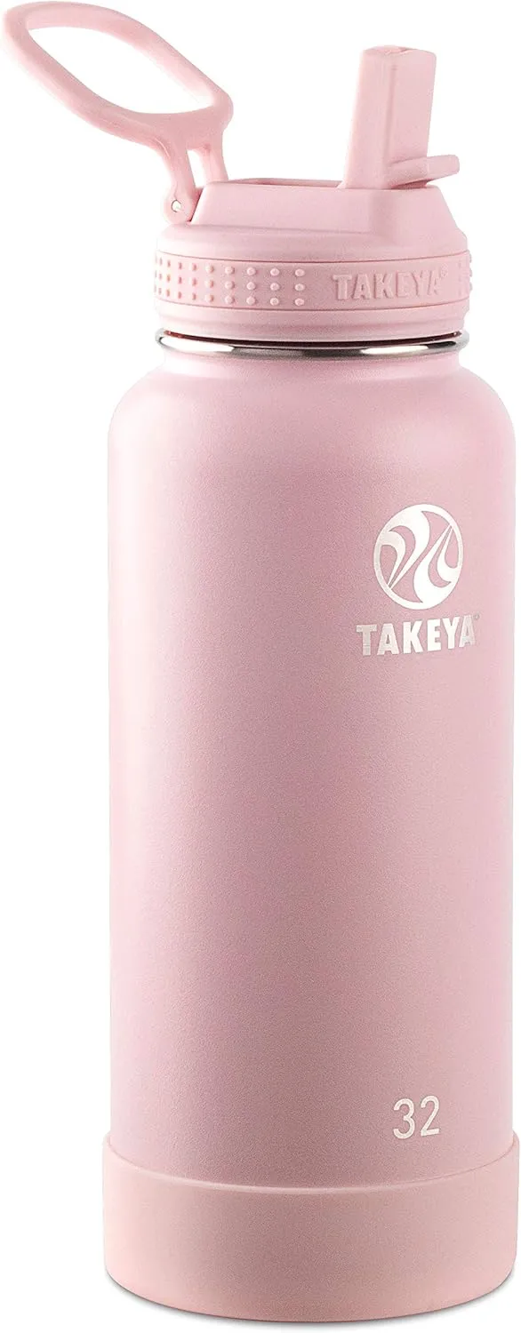 Takeya Actives Water Bottle with Straw Lid - Durable & Easy-Care Water Bottle with Stainless Steel Insulation - BPA-Free Lid with Carry Handle & Straw - Dishwasher-Safe - 32 oz, Blush