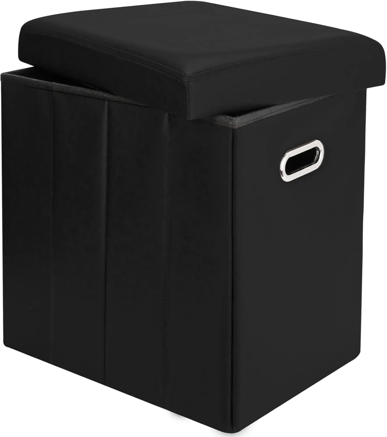 Tall Ottoman with Storage, Faux Leather Collapsible Slim Folding Ottoman Furniture with Handles Lid for Room Footrest Foot Stool, Black 16.5x16.5x11.8in
