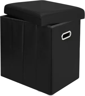 Tall Ottoman with Storage, Faux Leather Collapsible Slim Folding Ottoman Furniture with Handles Lid for Room Footrest Foot Stool, Black 16.5x16.5x11.8in
