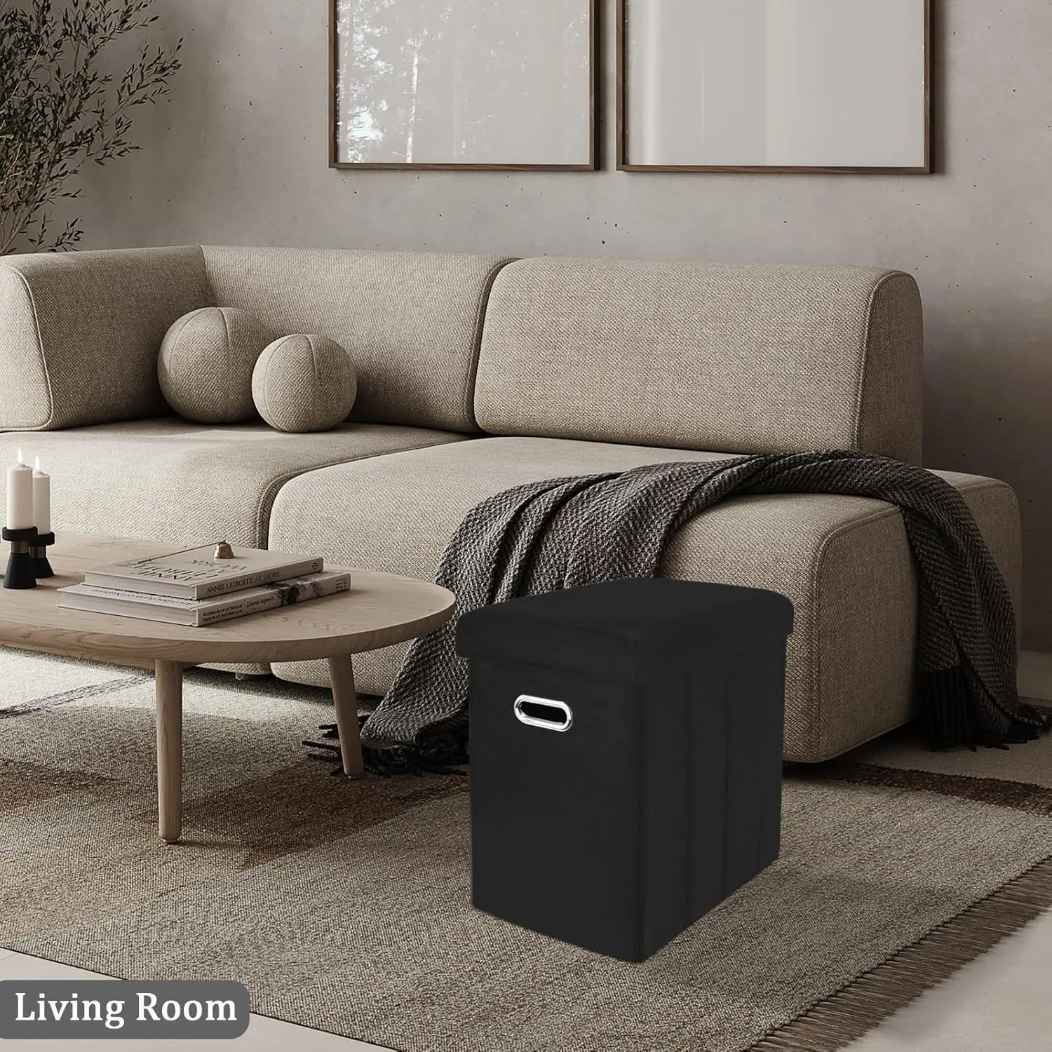 Tall Ottoman with Storage, Faux Leather Collapsible Slim Folding Ottoman Furniture with Handles Lid for Room Footrest Foot Stool, Black 16.5x16.5x11.8in