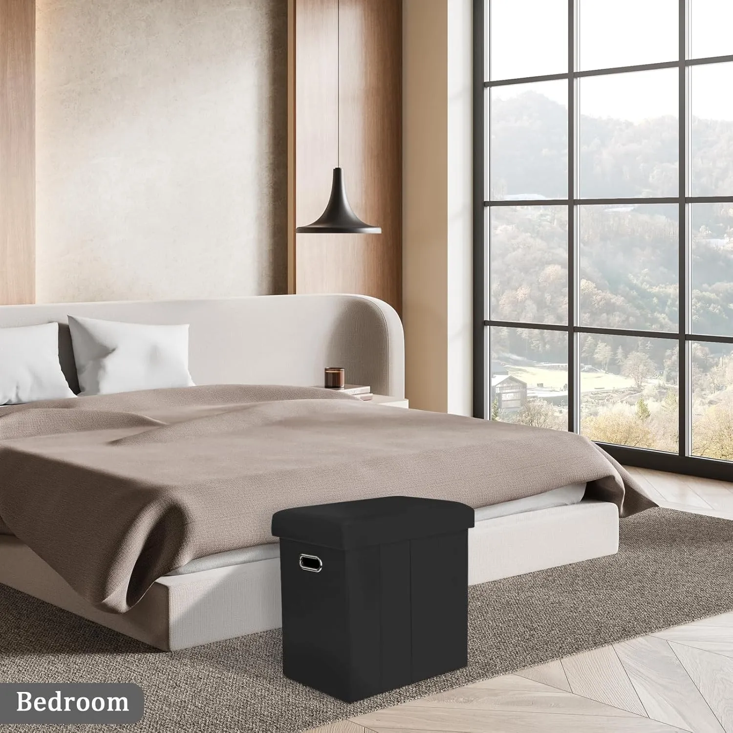 Tall Ottoman with Storage, Faux Leather Collapsible Slim Folding Ottoman Furniture with Handles Lid for Room Footrest Foot Stool, Black 16.5x16.5x11.8in