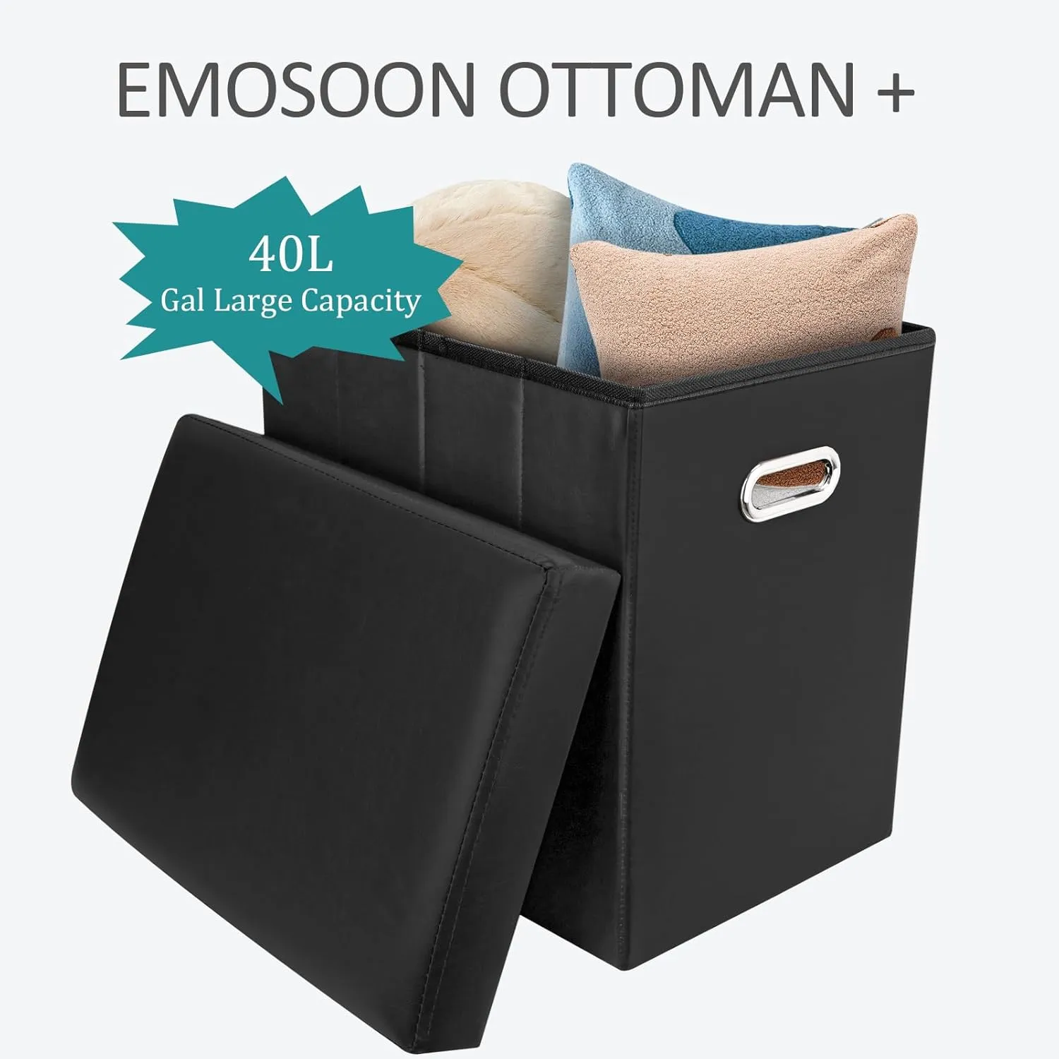 Tall Ottoman with Storage, Faux Leather Collapsible Slim Folding Ottoman Furniture with Handles Lid for Room Footrest Foot Stool, Black 16.5x16.5x11.8in