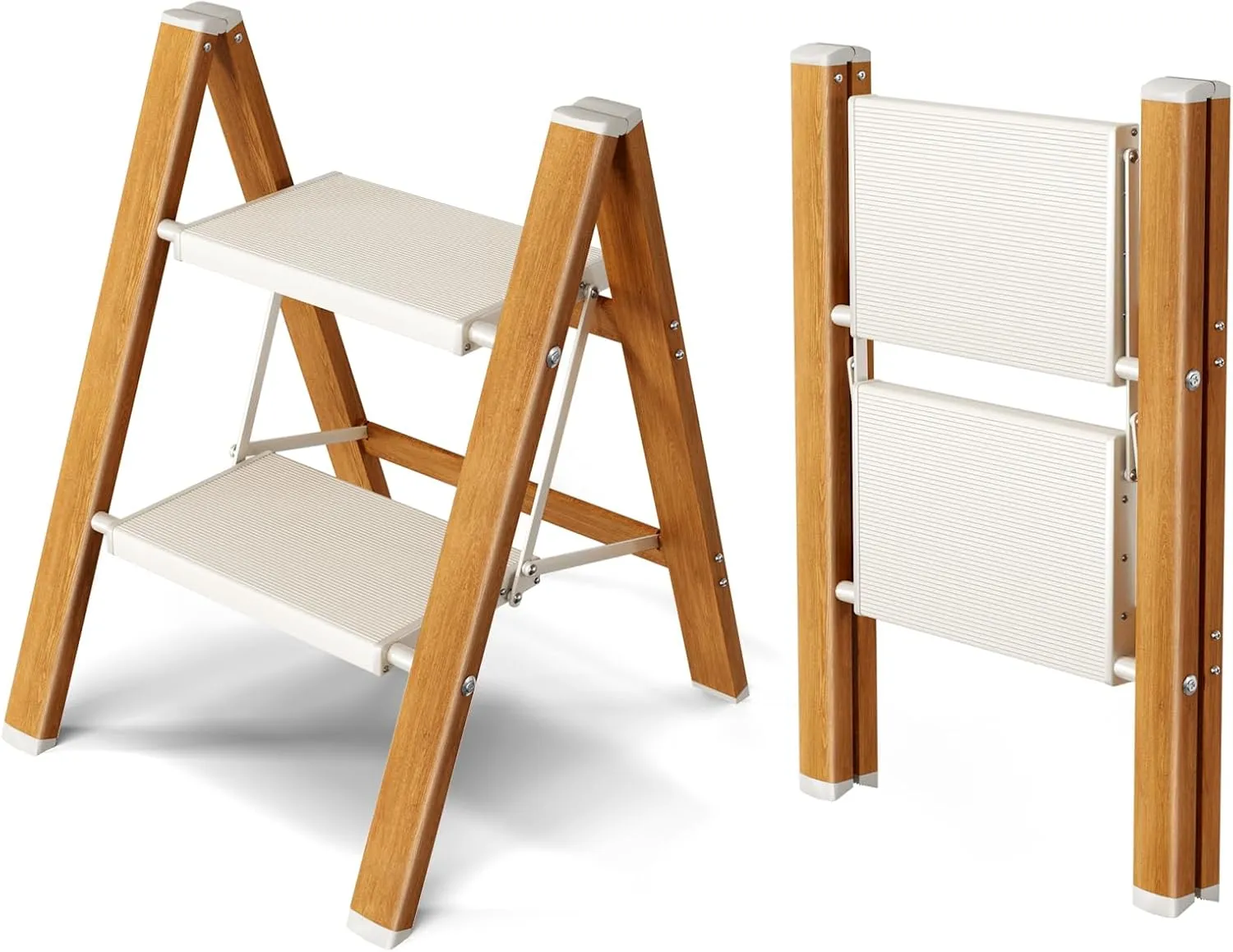 Taranta 2 Step Ladder,Aluminum Lightweight Folding 2 Step Stool with Anti-Slip Wide Pedal, 330lbs Capacity Step Ladder for Household,Kitchen,Office - White Woodgrain