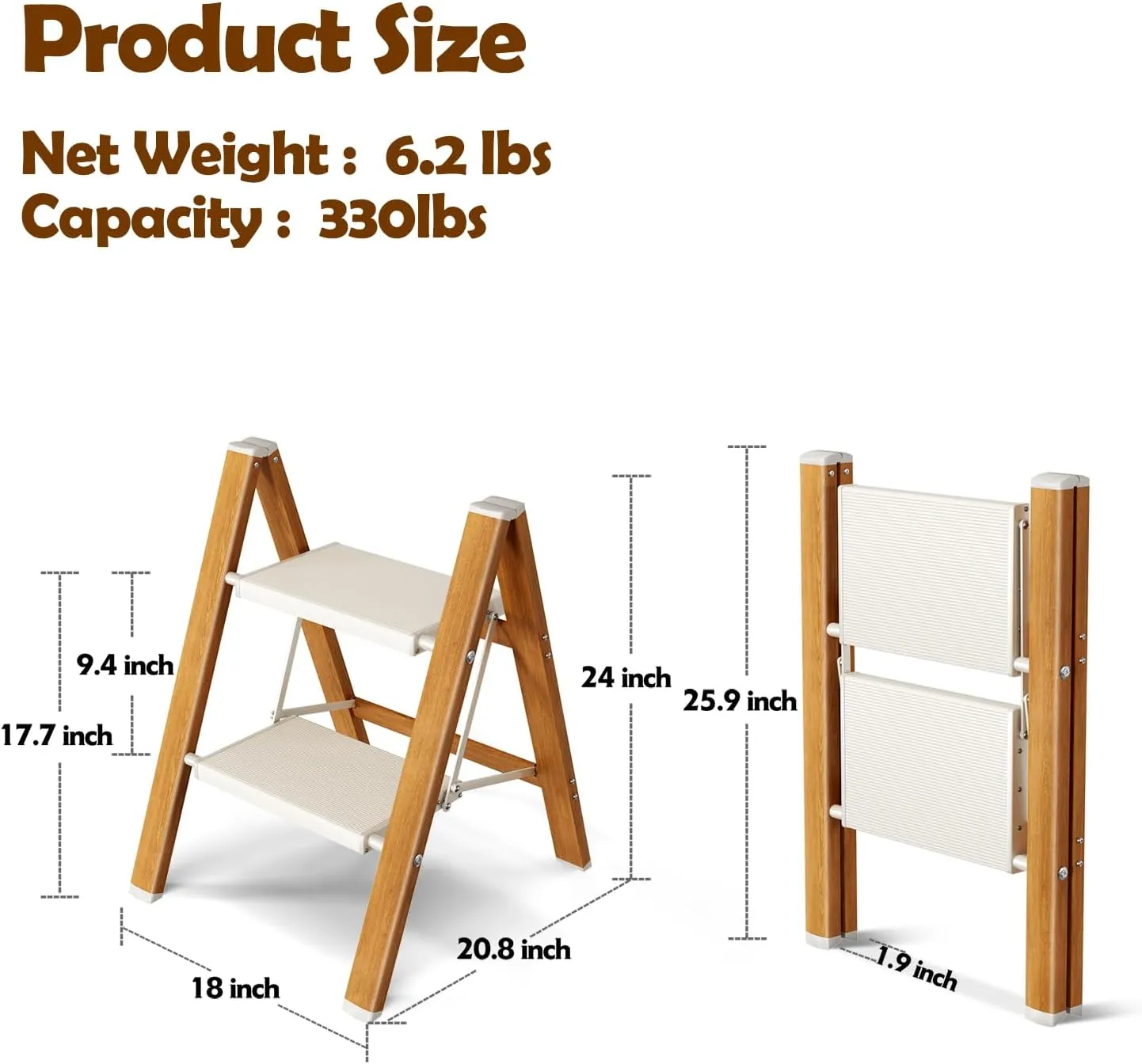 Taranta 2 Step Ladder,Aluminum Lightweight Folding 2 Step Stool with Anti-Slip Wide Pedal, 330lbs Capacity Step Ladder for Household,Kitchen,Office - White Woodgrain
