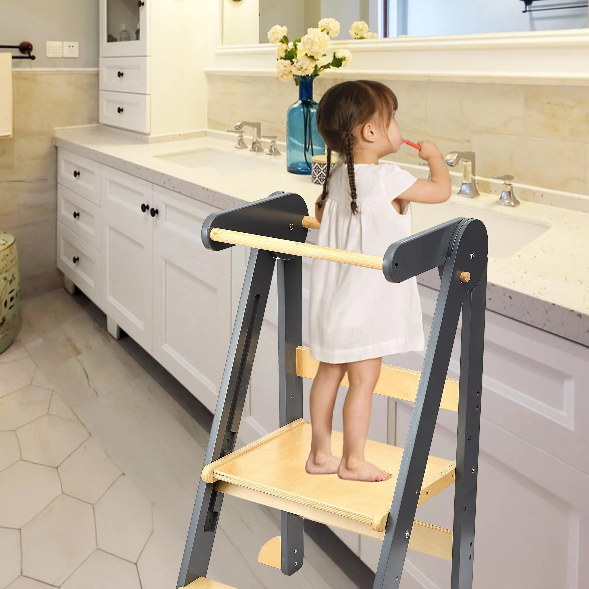 TDKDHoming Foldable Toddler Tower Preassembled Kitchen Stool, Folding Tower for Learning with 3 Adjustable Heights Montessori Toddler Standing Tower Collapsible Step Stool for Kids 1-6y Natural