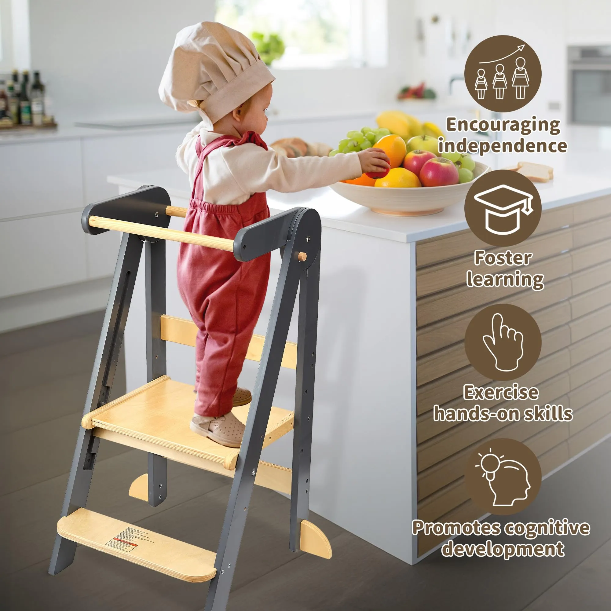 TDKDHoming Foldable Toddler Tower Preassembled Kitchen Stool, Folding Tower for Learning with 3 Adjustable Heights Montessori Toddler Standing Tower Collapsible Step Stool for Kids 1-6y Natural