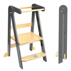 TDKDHoming Foldable Toddler Tower Preassembled Kitchen Stool, Folding Tower for Learning with 3 Adjustable Heights Montessori Toddler Standing Tower Collapsible Step Stool for Kids 1-6y Natural