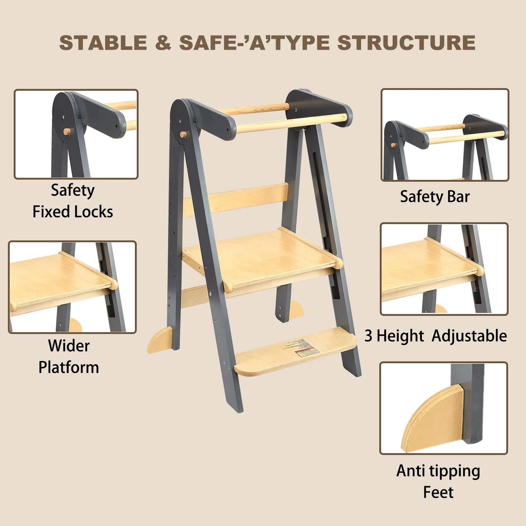 TDKDHoming Foldable Toddler Tower Preassembled Kitchen Stool, Folding Tower for Learning with 3 Adjustable Heights Montessori Toddler Standing Tower Collapsible Step Stool for Kids 1-6y Natural