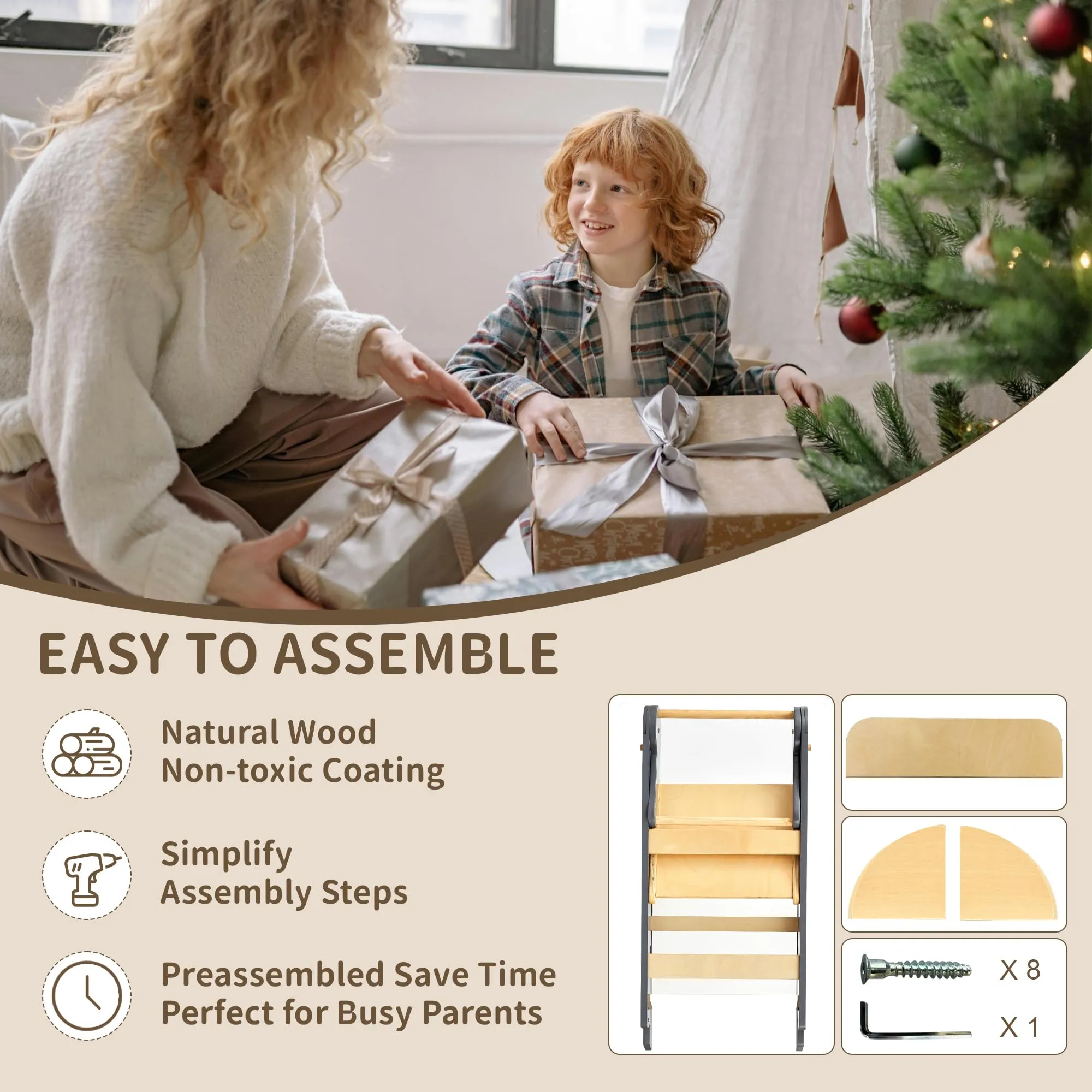 TDKDHoming Foldable Toddler Tower Preassembled Kitchen Stool, Folding Tower for Learning with 3 Adjustable Heights Montessori Toddler Standing Tower Collapsible Step Stool for Kids 1-6y Natural