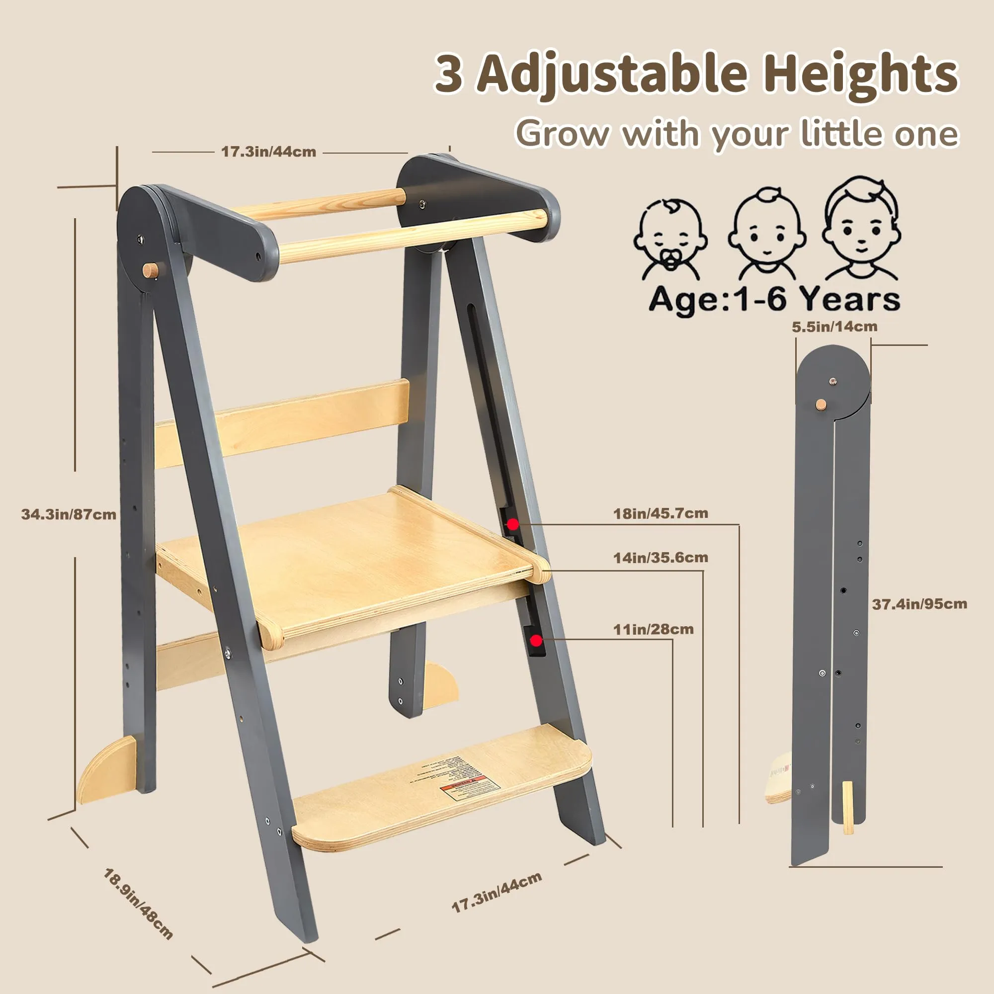 TDKDHoming Foldable Toddler Tower Preassembled Kitchen Stool, Folding Tower for Learning with 3 Adjustable Heights Montessori Toddler Standing Tower Collapsible Step Stool for Kids 1-6y Natural