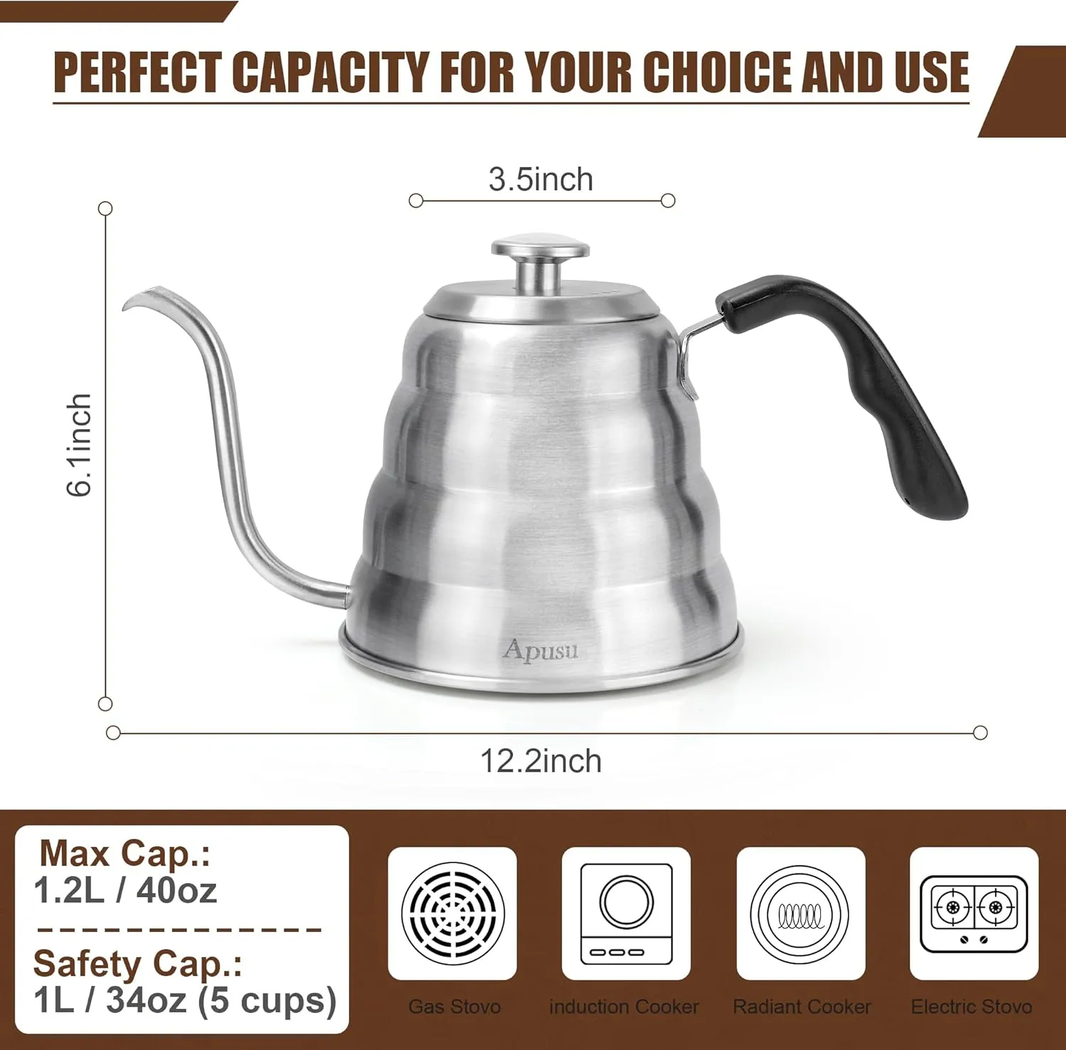 Tea Kettle with Thermometer Pot Black Stovetop Tea Kettle 40 oz 1200ml Gooseneck Kettle Teapot Pour Over Coffee Kettle with Thermometer,40oz,Silver,1Pack