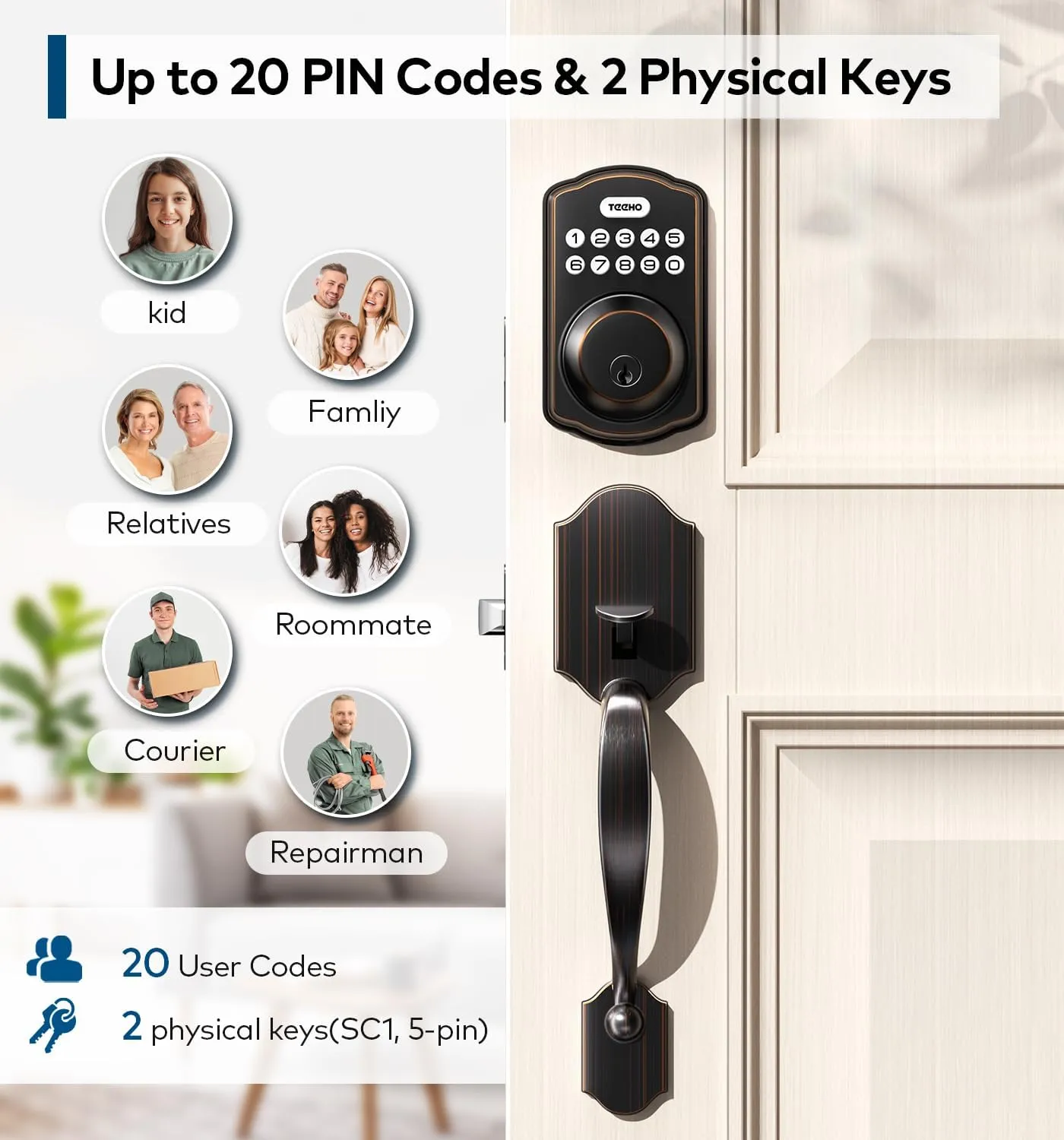 TEEHO Keyless Entry Door Lock Deadbolt with Handle Set, Electronic Digital Smart Locks Set for Front Door with 2 Keys, Easy to Install Keypad Deadbolt, Auto Lock - Oil-Rubbed Bronze