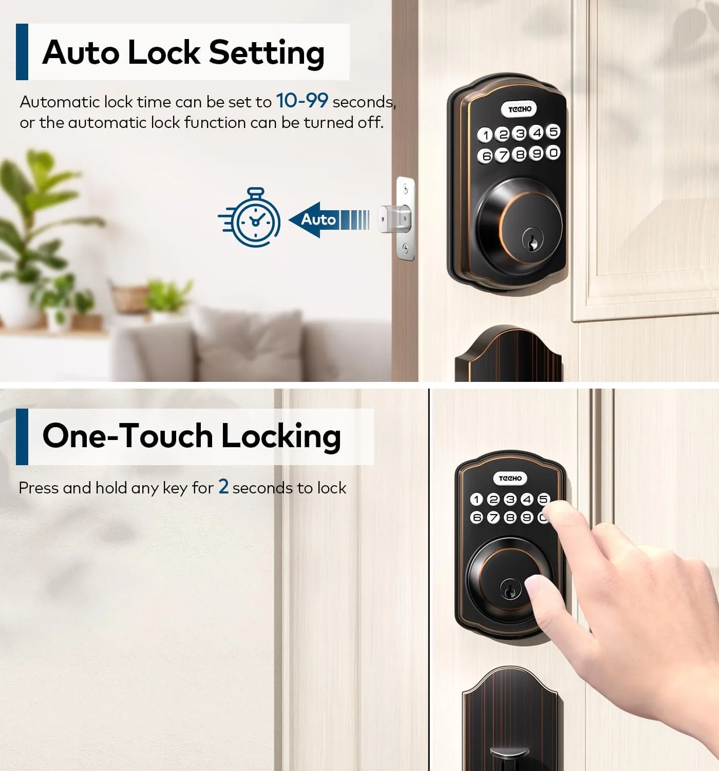 TEEHO Keyless Entry Door Lock Deadbolt with Handle Set, Electronic Digital Smart Locks Set for Front Door with 2 Keys, Easy to Install Keypad Deadbolt, Auto Lock - Oil-Rubbed Bronze
