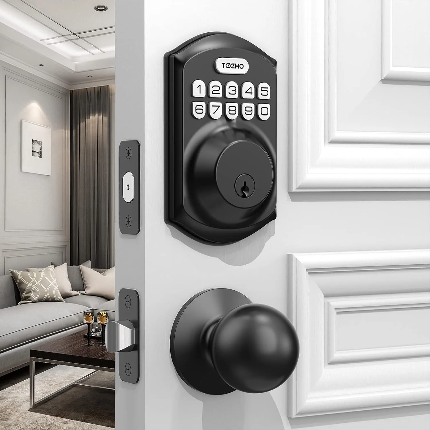 TEEHO TE001K Keyless Entry Door Lock with Handle, Electronic Keypad Deadbolt with 2 Knobs, High-Security Front Door Handle Set for Home & Rental, Smart Auto-Locking, Easy Install, Matte Black