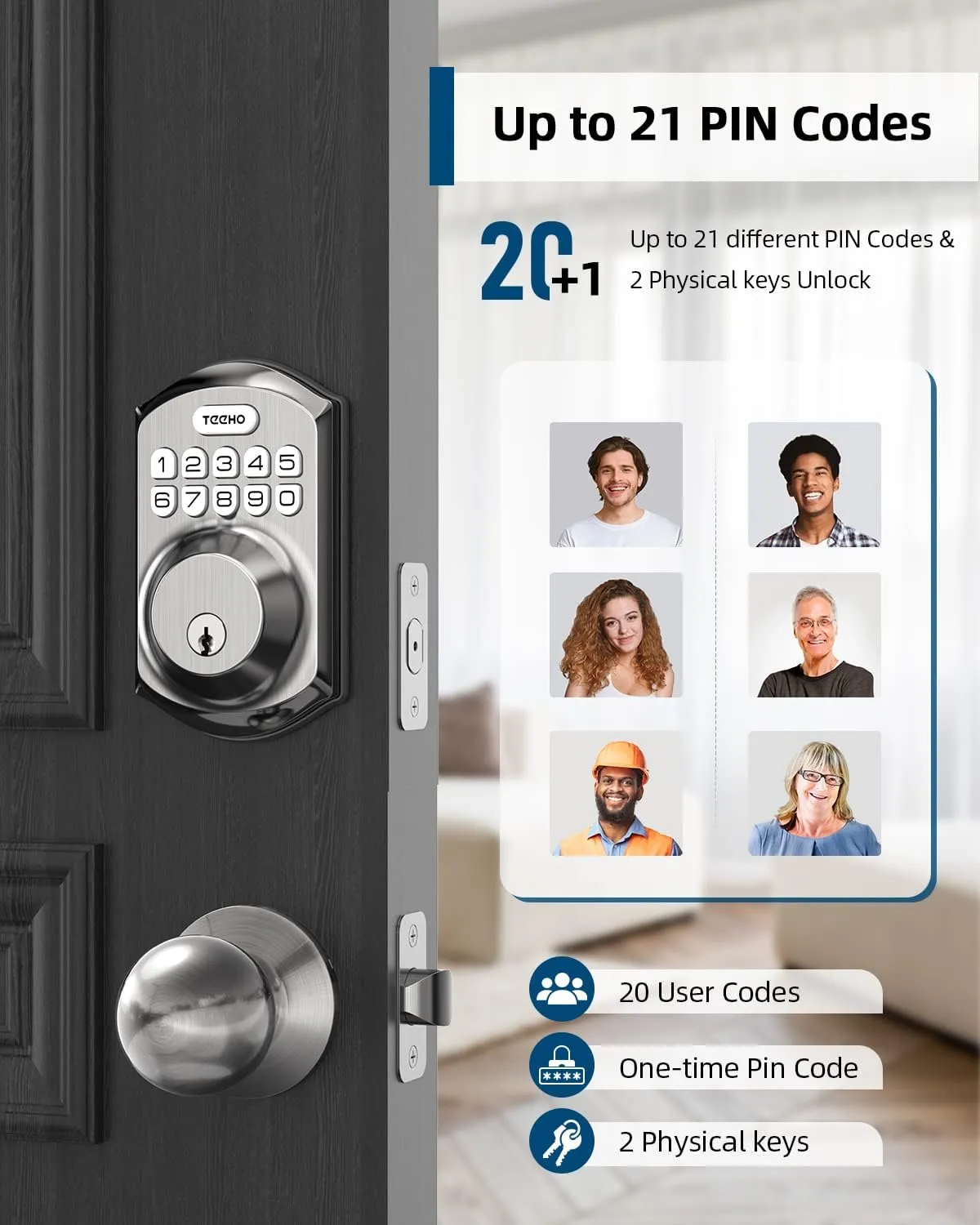 TEEHO TE001K Keyless Entry Door Lock with Handle, Electronic Keypad Deadbolt with 2 Knobs, High-Security Front Door Handle Set for Home & Rental, Smart Auto-Locking, Easy Install, Satin Nickel