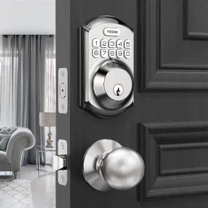 TEEHO TE001K Keyless Entry Door Lock with Handle, Electronic Keypad Deadbolt with 2 Knobs, High-Security Front Door Handle Set for Home & Rental, Smart Auto-Locking, Easy Install, Satin Nickel