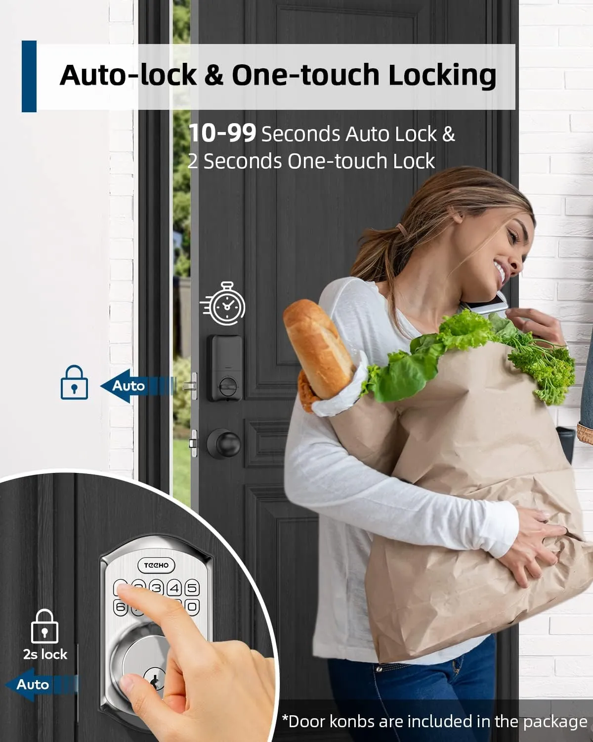 TEEHO TE001K Keyless Entry Door Lock with Handle, Electronic Keypad Deadbolt with 2 Knobs, High-Security Front Door Handle Set for Home & Rental, Smart Auto-Locking, Easy Install, Satin Nickel