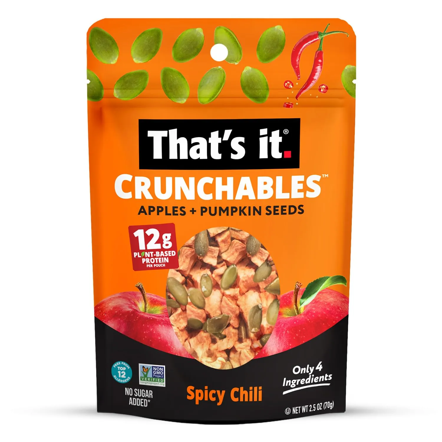 That's it. Crunchables (Apple   Spicy Chili) Plant Based Protein, Gluten-Free Crunchy Snack Mix, (4 Packs x 2.5oz) Perfect for Salad Topper and Yogurt Topper