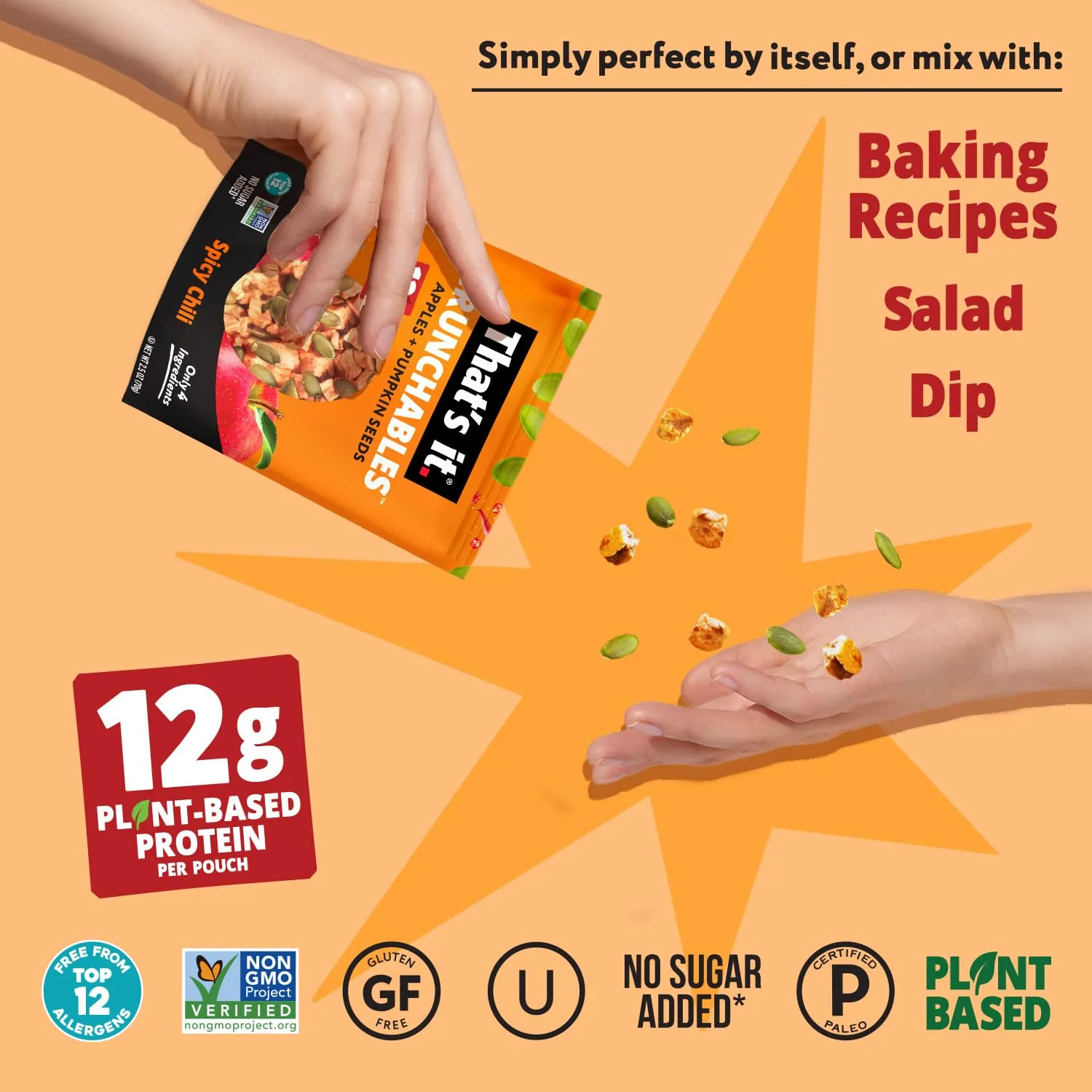 That's it. Crunchables (Apple   Spicy Chili) Plant Based Protein, Gluten-Free Crunchy Snack Mix, (4 Packs x 2.5oz) Perfect for Salad Topper and Yogurt Topper