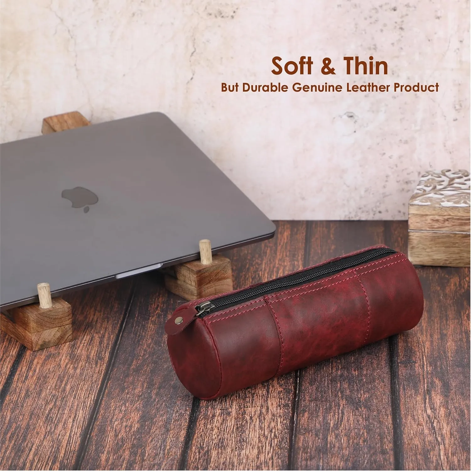 The Antiq Red Leather Pencil Case for Women & Men - Full Grain Leathers Pen Case Durable Pencil Holder Pouch for Artists & Professionals - Versatile Genuine Leather Pencil Case with Zipper