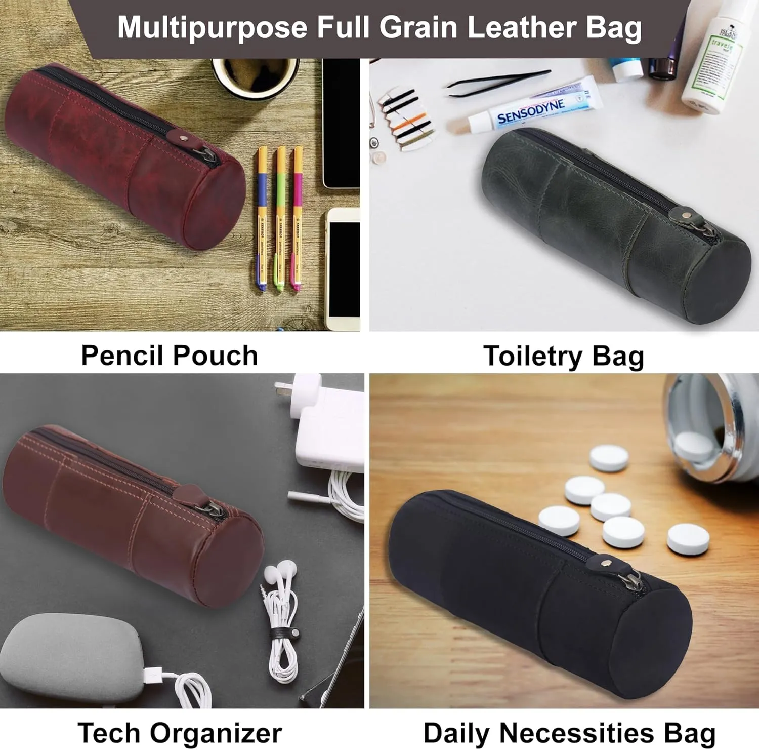 The Antiq Red Leather Pencil Case for Women & Men - Full Grain Leathers Pen Case Durable Pencil Holder Pouch for Artists & Professionals - Versatile Genuine Leather Pencil Case with Zipper