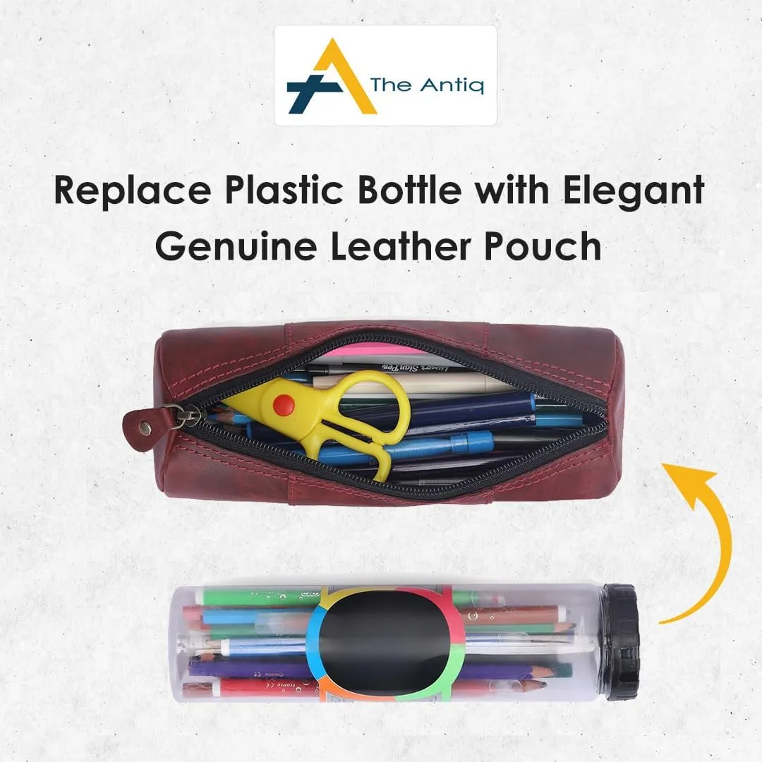 The Antiq Red Leather Pencil Case for Women & Men - Full Grain Leathers Pen Case Durable Pencil Holder Pouch for Artists & Professionals - Versatile Genuine Leather Pencil Case with Zipper