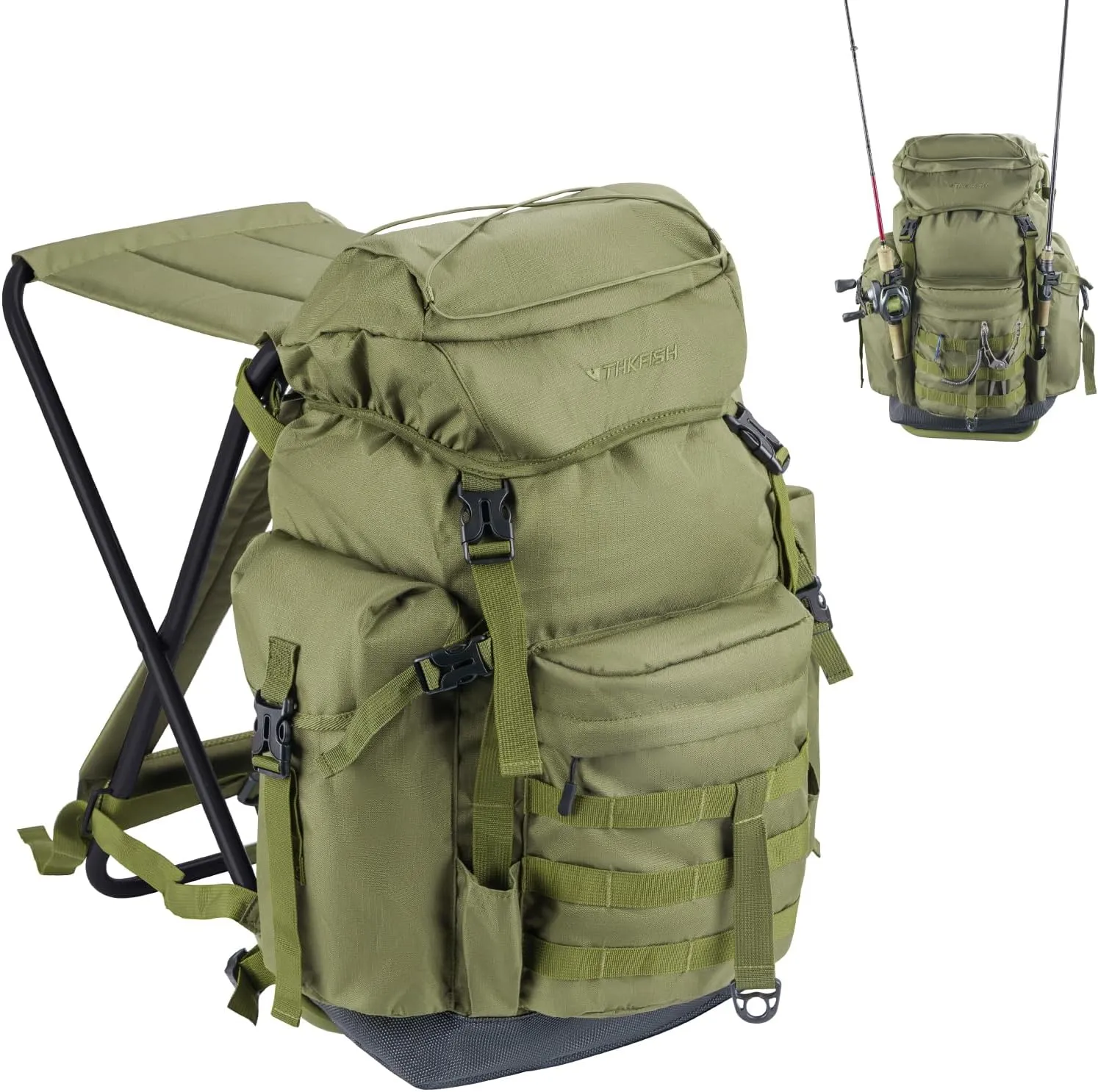 THKFISH Fishing Backpack with Foldable Chair, 35L Tackle Box Backpack with Rod Holders Fishing Storage Bag Portable Stool for Outdoor Fishings, Camping, and Hunting