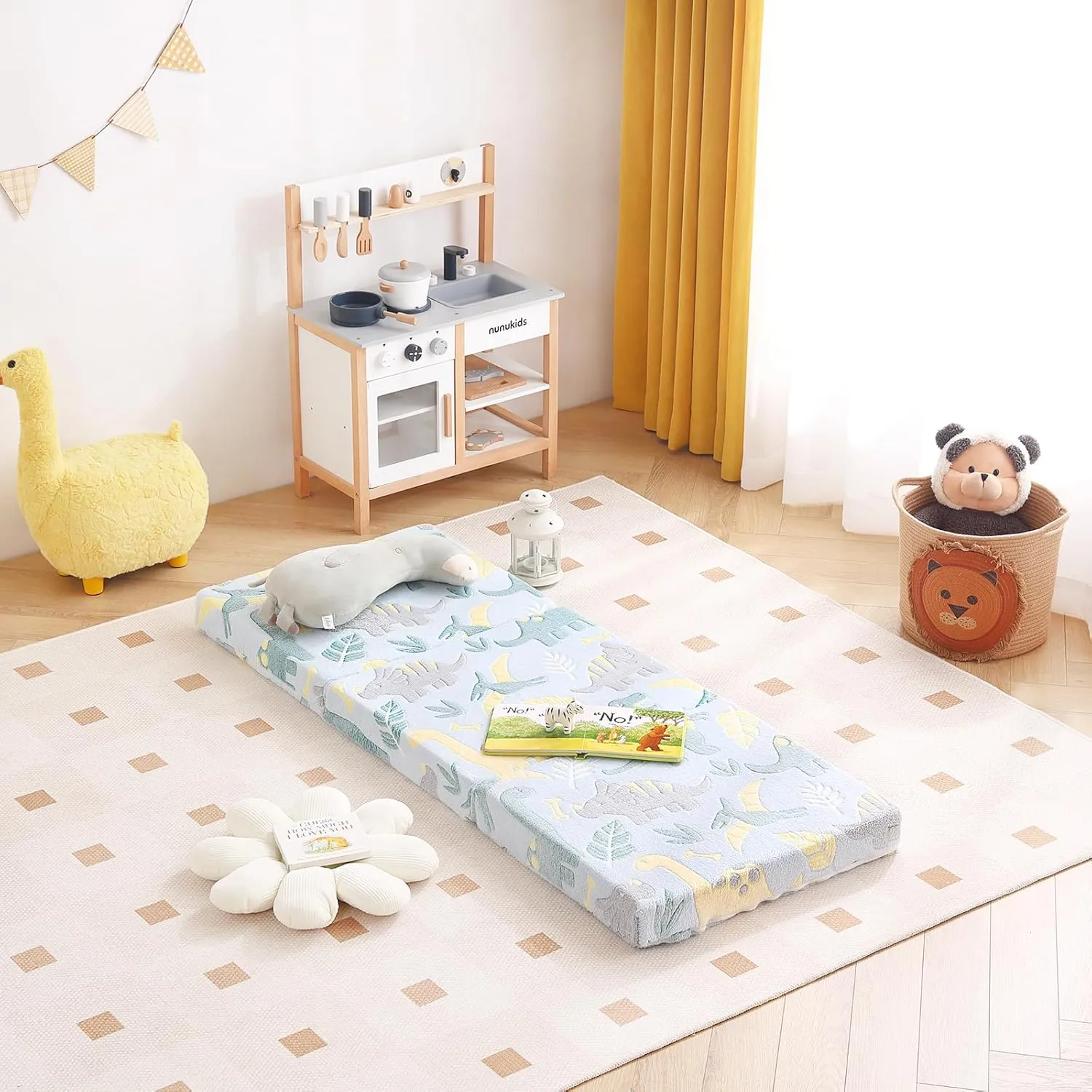 Tiita Trifold Floor Mattress for Kids, Glow in The Dark Baby Kids Futon with Removable Cover, Portable Foam Toddler Nap Mat with Storage Bag for Girls and Boys, Green Dinosaur
