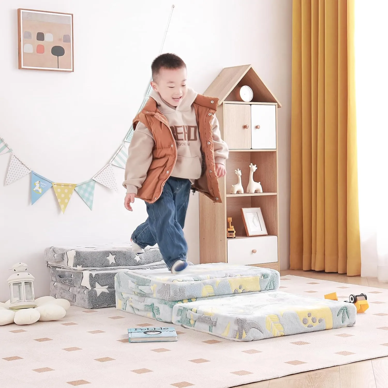 Tiita Trifold Floor Mattress for Kids, Glow in The Dark Baby Kids Futon with Removable Cover, Portable Foam Toddler Nap Mat with Storage Bag for Girls and Boys, Green Dinosaur