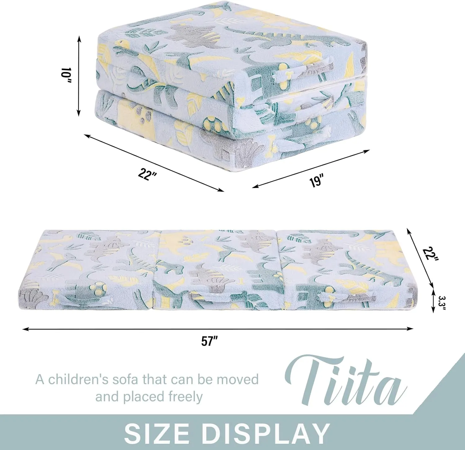Tiita Trifold Floor Mattress for Kids, Glow in The Dark Baby Kids Futon with Removable Cover, Portable Foam Toddler Nap Mat with Storage Bag for Girls and Boys, Green Dinosaur
