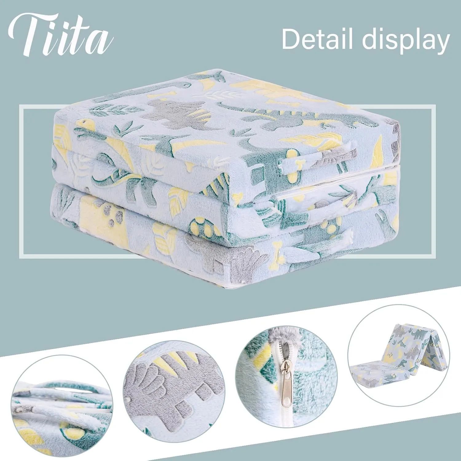 Tiita Trifold Floor Mattress for Kids, Glow in The Dark Baby Kids Futon with Removable Cover, Portable Foam Toddler Nap Mat with Storage Bag for Girls and Boys, Green Dinosaur