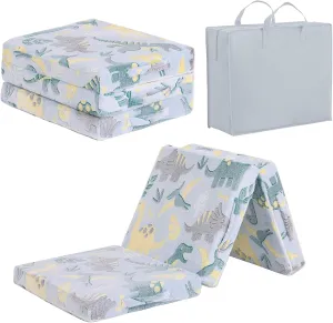 Tiita Trifold Floor Mattress for Kids, Glow in The Dark Baby Kids Futon with Removable Cover, Portable Foam Toddler Nap Mat with Storage Bag for Girls and Boys, Green Dinosaur