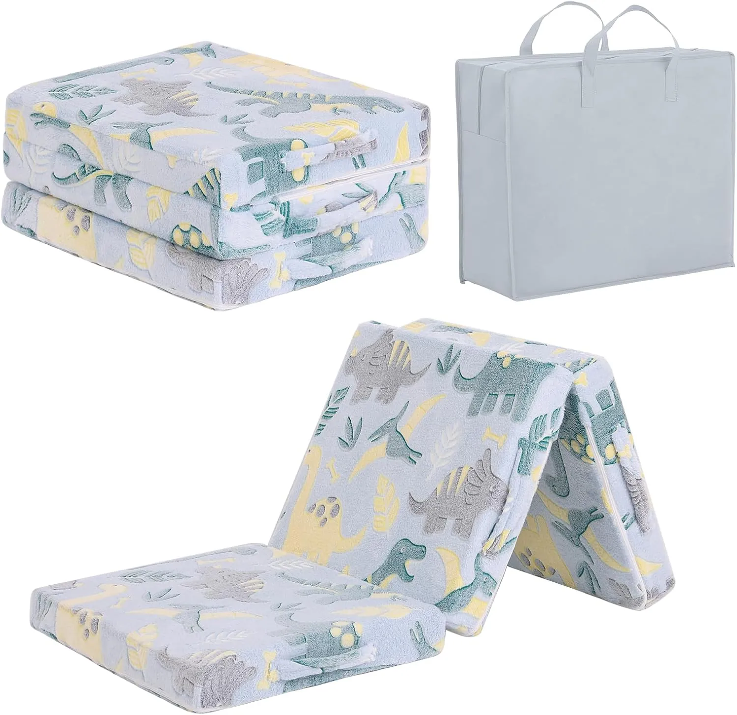 Tiita Trifold Floor Mattress for Kids, Glow in The Dark Baby Kids Futon with Removable Cover, Portable Foam Toddler Nap Mat with Storage Bag for Girls and Boys, Green Dinosaur