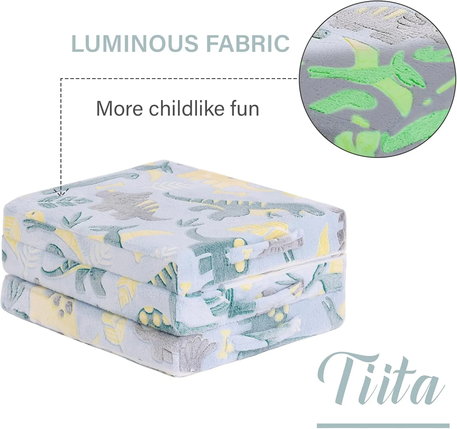Tiita Trifold Floor Mattress for Kids, Glow in The Dark Baby Kids Futon with Removable Cover, Portable Foam Toddler Nap Mat with Storage Bag for Girls and Boys, Green Dinosaur
