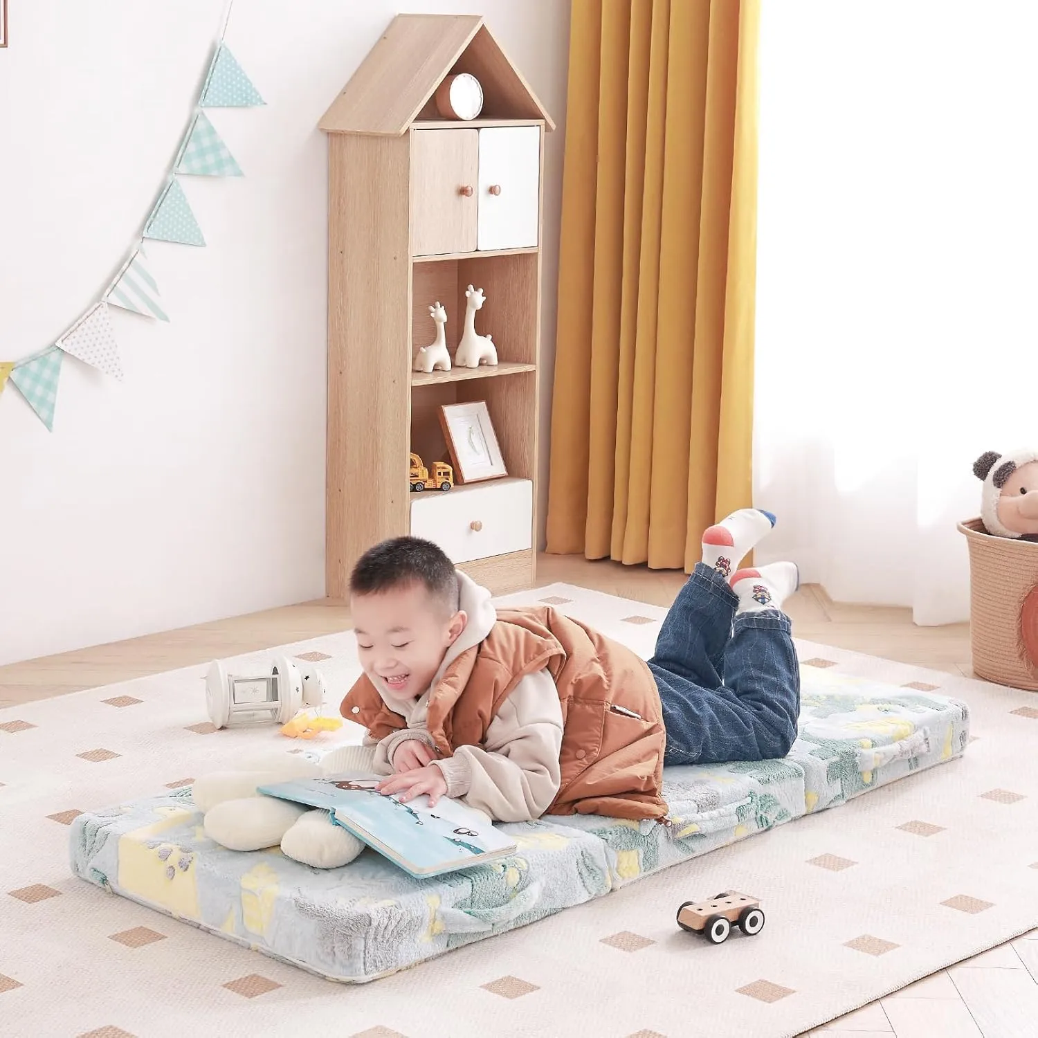 Tiita Trifold Floor Mattress for Kids, Glow in The Dark Baby Kids Futon with Removable Cover, Portable Foam Toddler Nap Mat with Storage Bag for Girls and Boys, Green Dinosaur