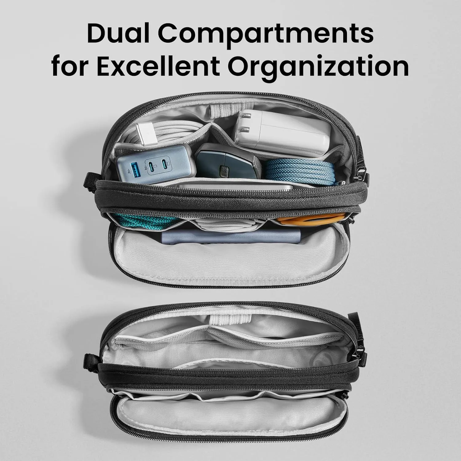 tomtoc Electronic Organizer Travel Case, Water Resistant Dual Compartment Cable Organization Storage Bag for Charger, Cord, Phone, Hard Drive, Power Bank, Accessories Travel Essentials