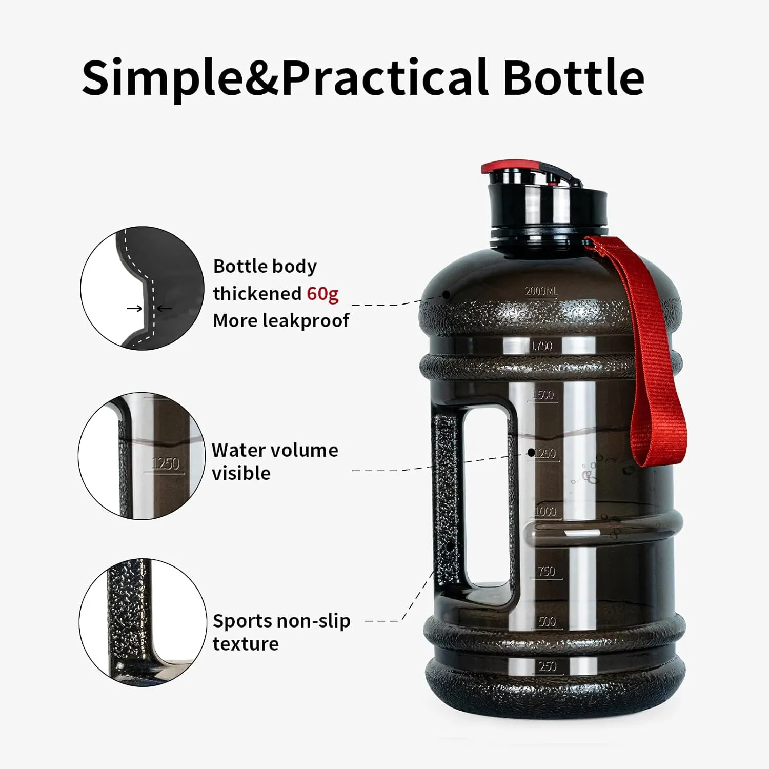 TOOFEEL 2.2 Liter Gym Water Bottle - 100% Leak Proof Big Sports Water Bottle Larger than 74 oz Water Bottle with Visible Volume for Drinking (74oz Transparent Black)