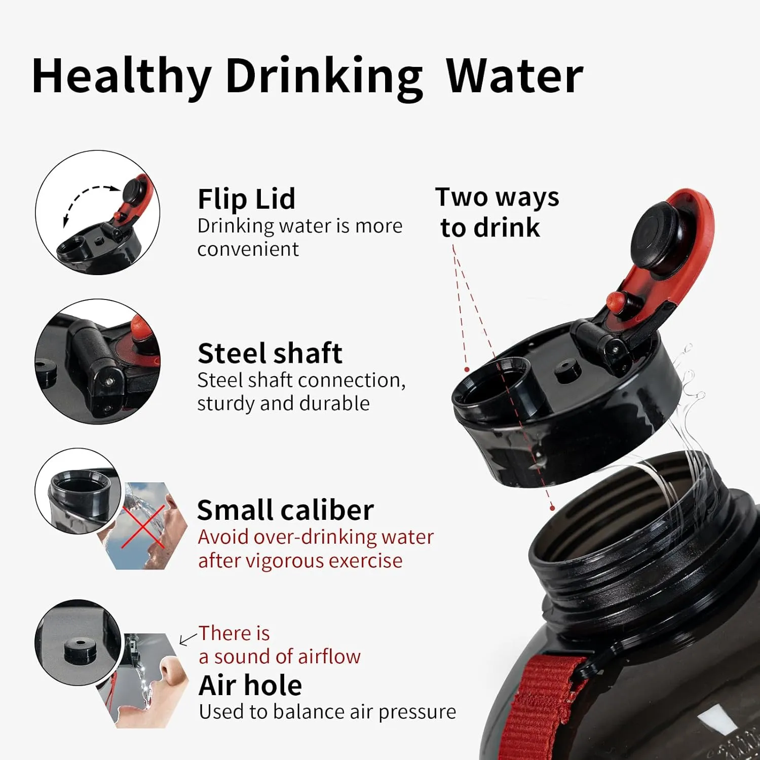 TOOFEEL 2.2 Liter Gym Water Bottle - 100% Leak Proof Big Sports Water Bottle Larger than 74 oz Water Bottle with Visible Volume for Drinking (74oz Transparent Black)