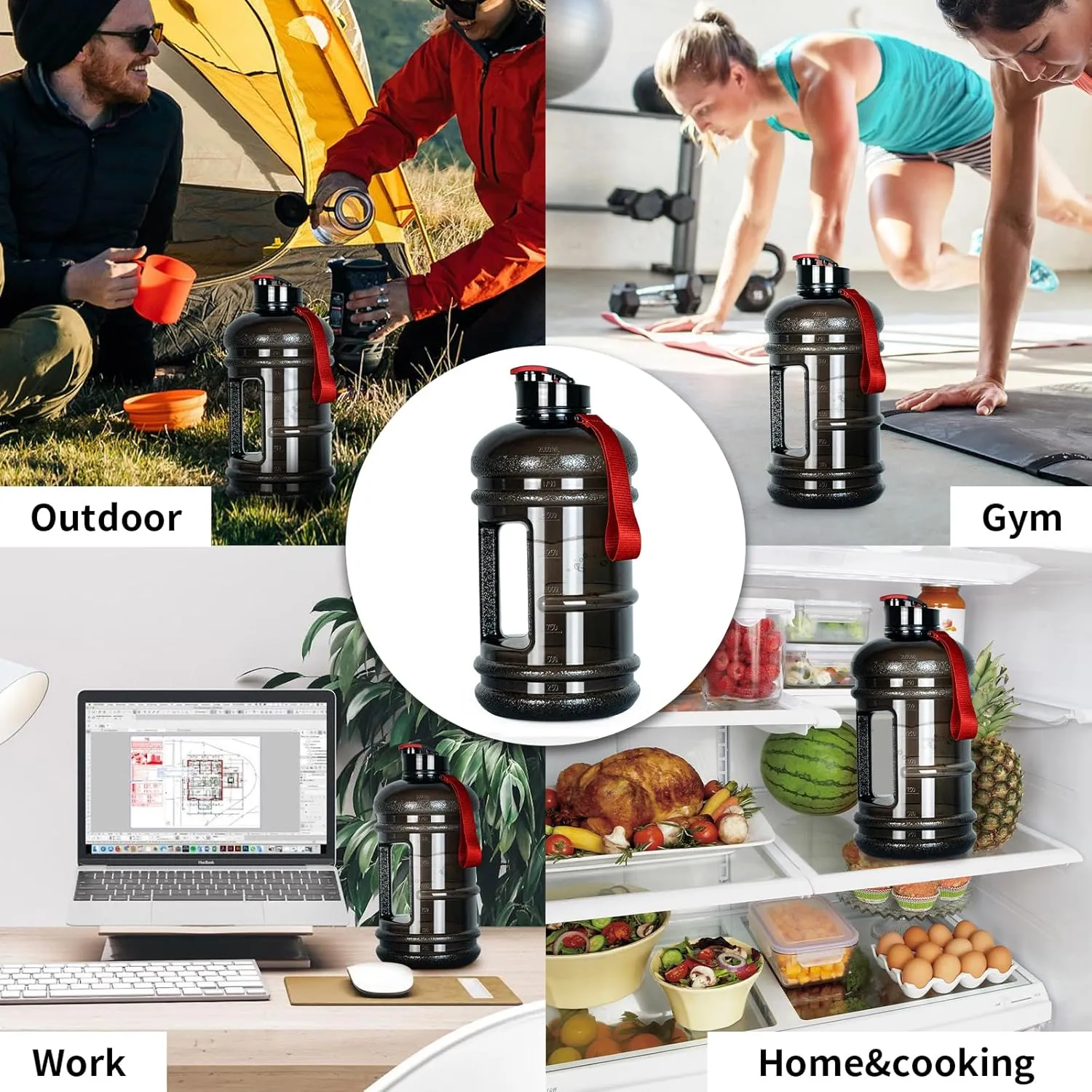 TOOFEEL 2.2 Liter Gym Water Bottle - 100% Leak Proof Big Sports Water Bottle Larger than 74 oz Water Bottle with Visible Volume for Drinking (74oz Transparent Black)