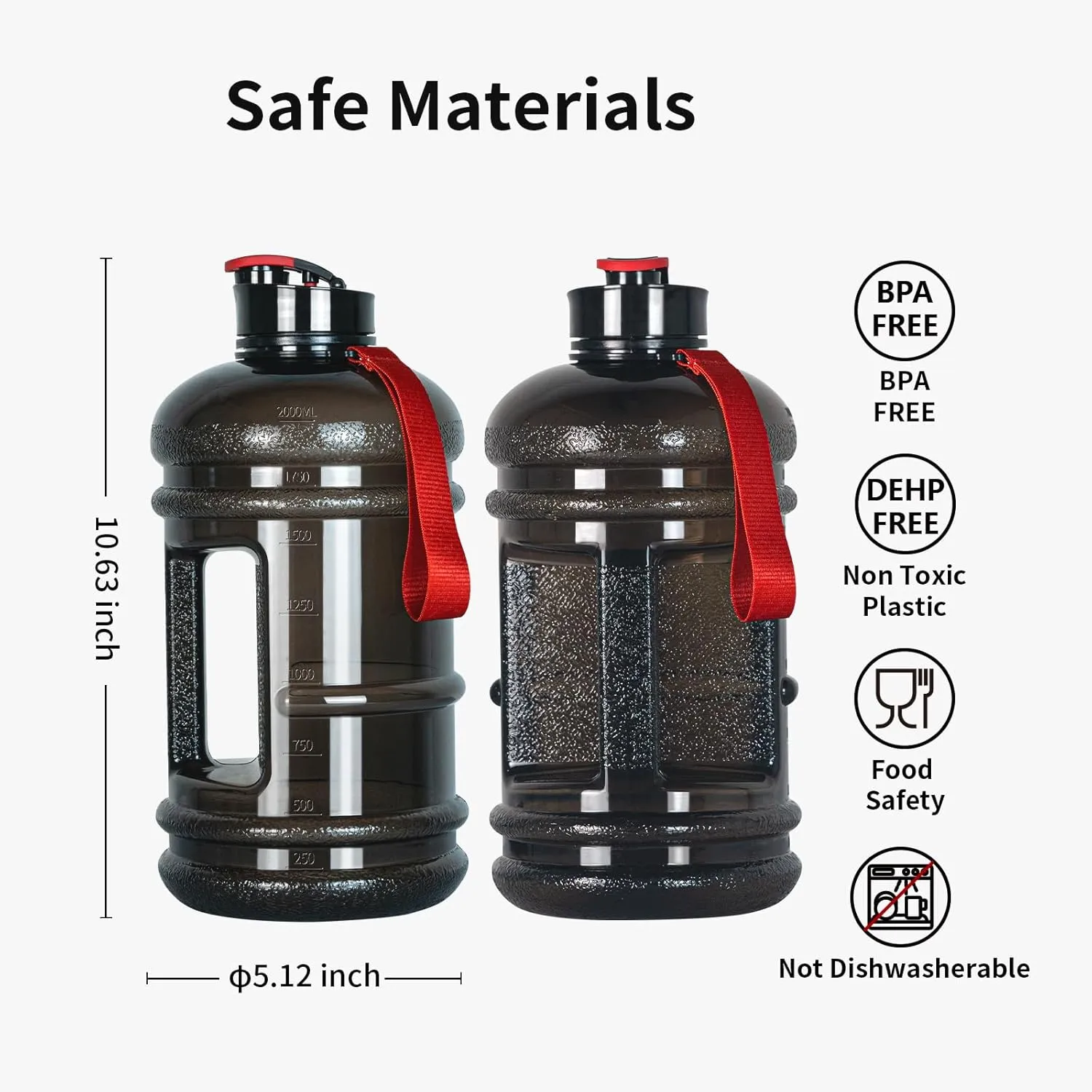 TOOFEEL 2.2 Liter Gym Water Bottle - 100% Leak Proof Big Sports Water Bottle Larger than 74 oz Water Bottle with Visible Volume for Drinking (74oz Transparent Black)