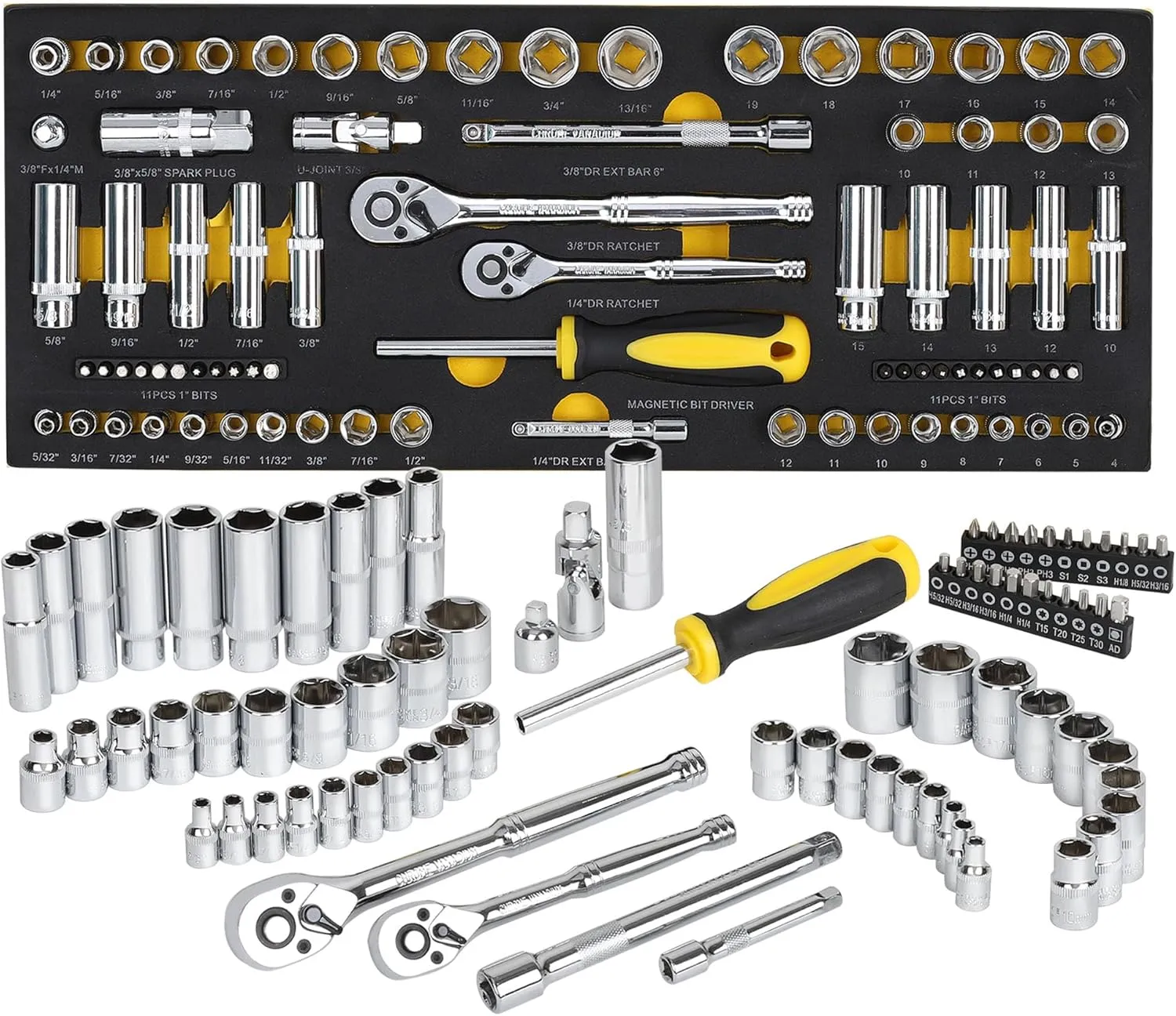 Topline 79-Piece 1/4” & 3/8”Drive Impact Socket Wrech Set, 6-Point Socket Set, Metric, SAE CR-V Sockets with EVA Foam Tray for Bench Storage, Deep & Standard Mechanic Tool Set for Home Maintenance