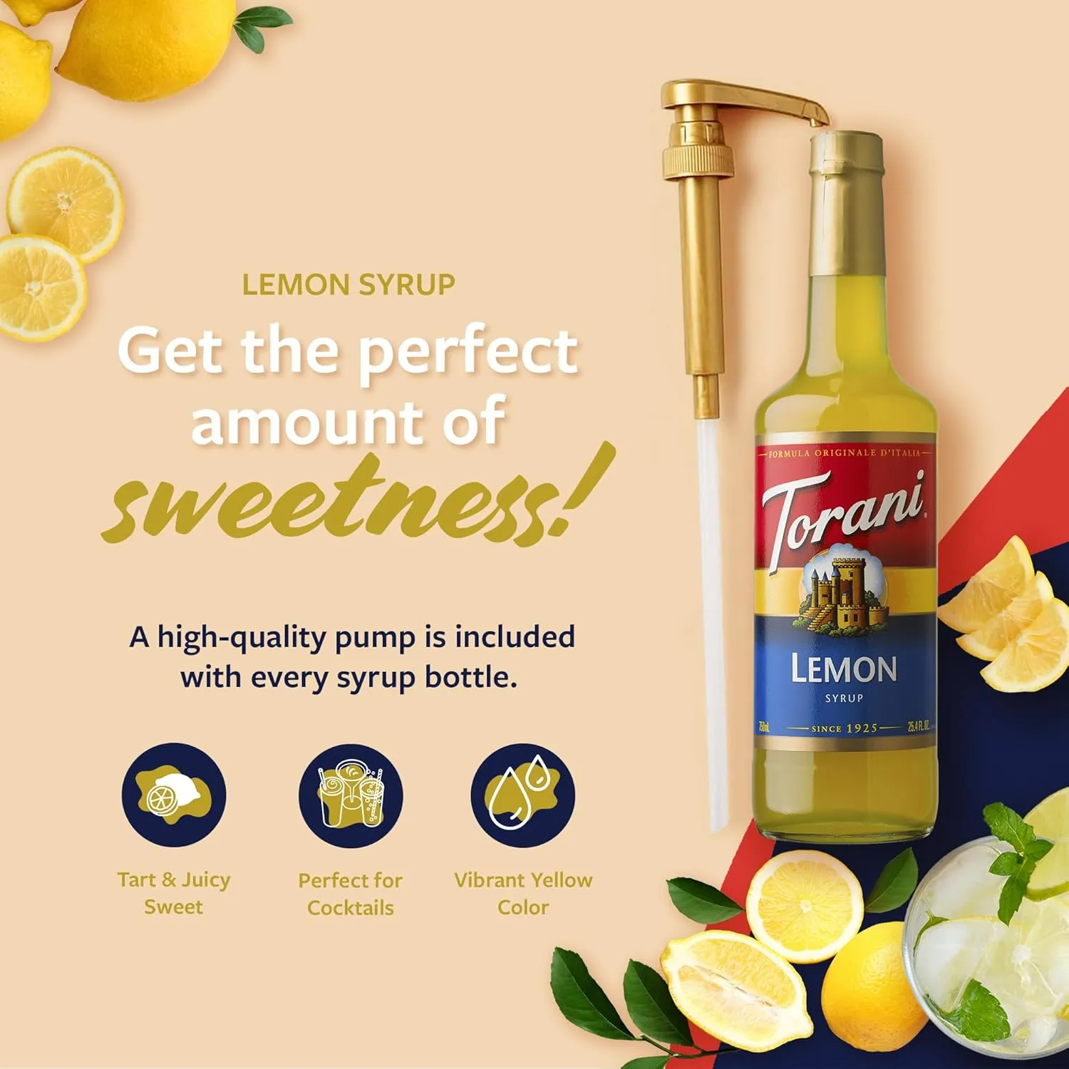 Torani Lemon Syrup for Drinks, Flavoring for Iced Tea, Sodas, and Cocktails, Glass Bottle with Pump Included, 25.4 Fl Oz
