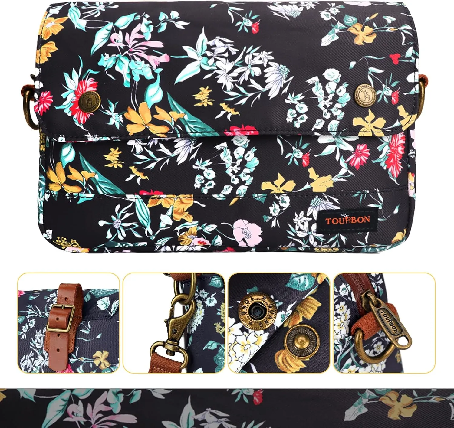 TOURBON Bike Bag Waxed Canvas Bicycle Handlebar Bag Zipper Closure Pouch Crossbar Front Frame Basket Cycling Saddebag Under Seat Strap-on Rear Rack Pannier (Black with Flower (type 2))